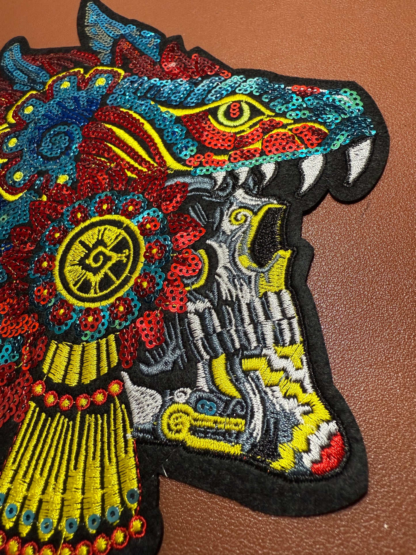 Aztec or Mayan Dead Serpent Warrior Patch, 9" x 8.5", patches, Sequins, embroidered (#27)