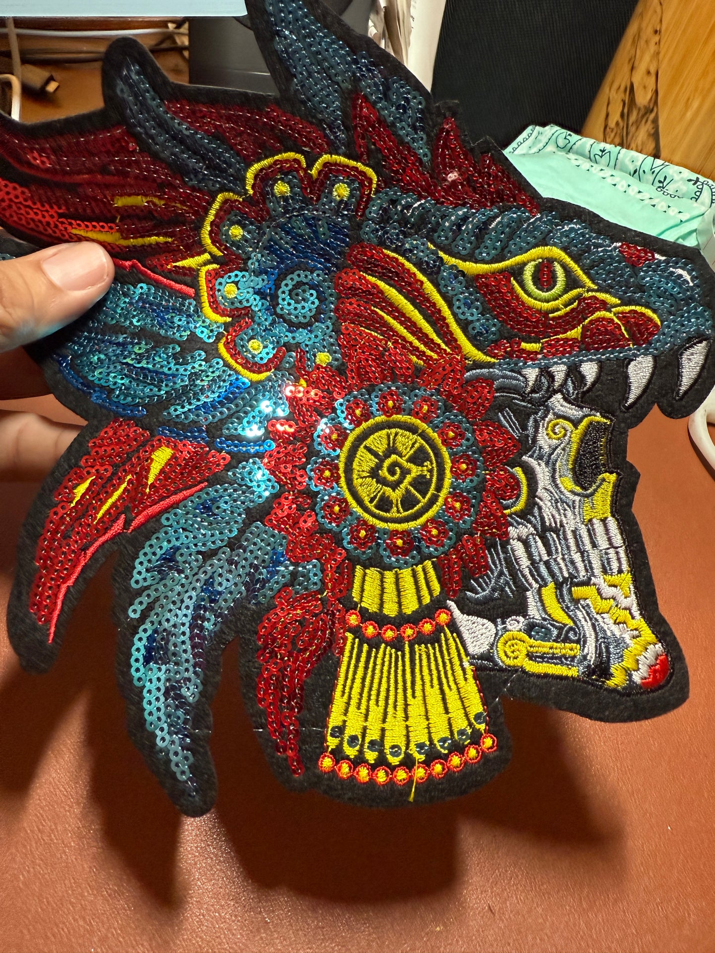 Aztec or Mayan Dead Serpent Warrior Patch, 9" x 8.5", patches, Sequins, embroidered (#27)