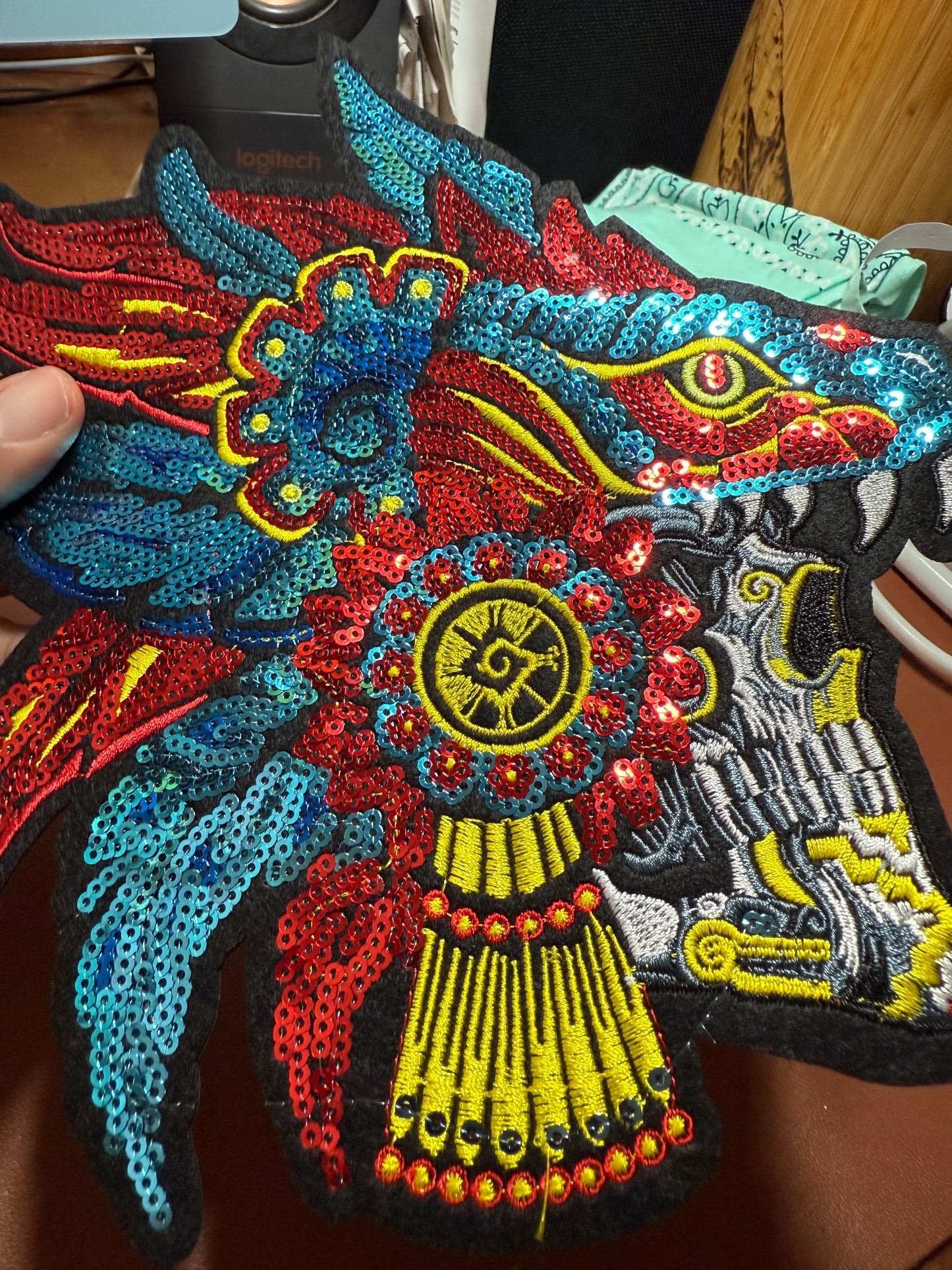 Aztec or Mayan Dead Serpent Warrior Patch, 9" x 8.5", patches, Sequins, embroidered (#27)