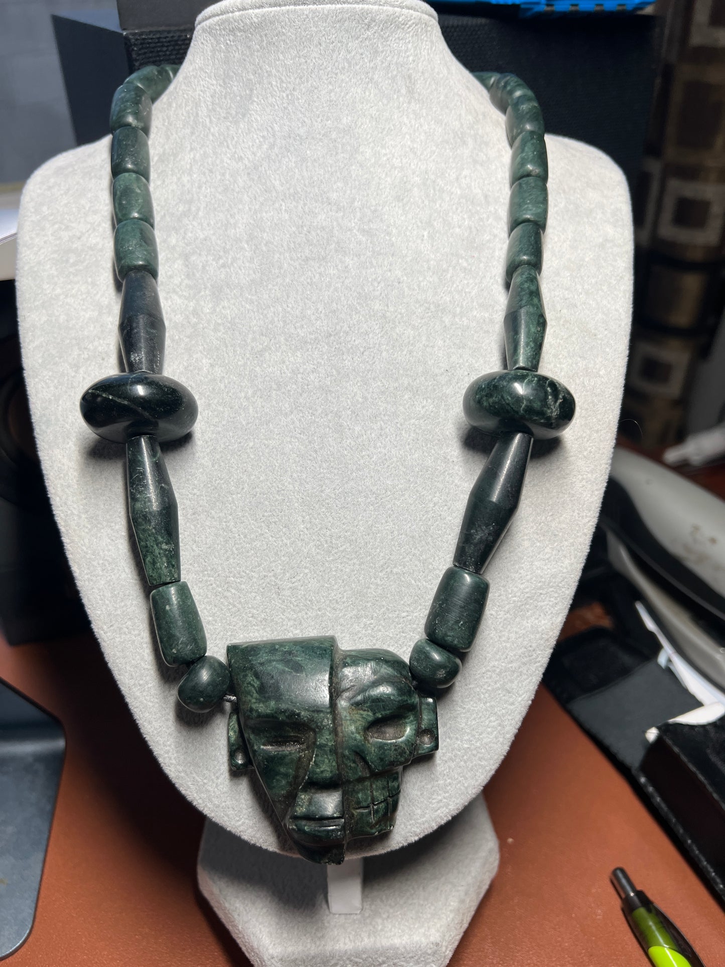 Serpentine Jade Life Death Aztec Death Mask Azteca Necklace Beads, Mexican Mexico #37