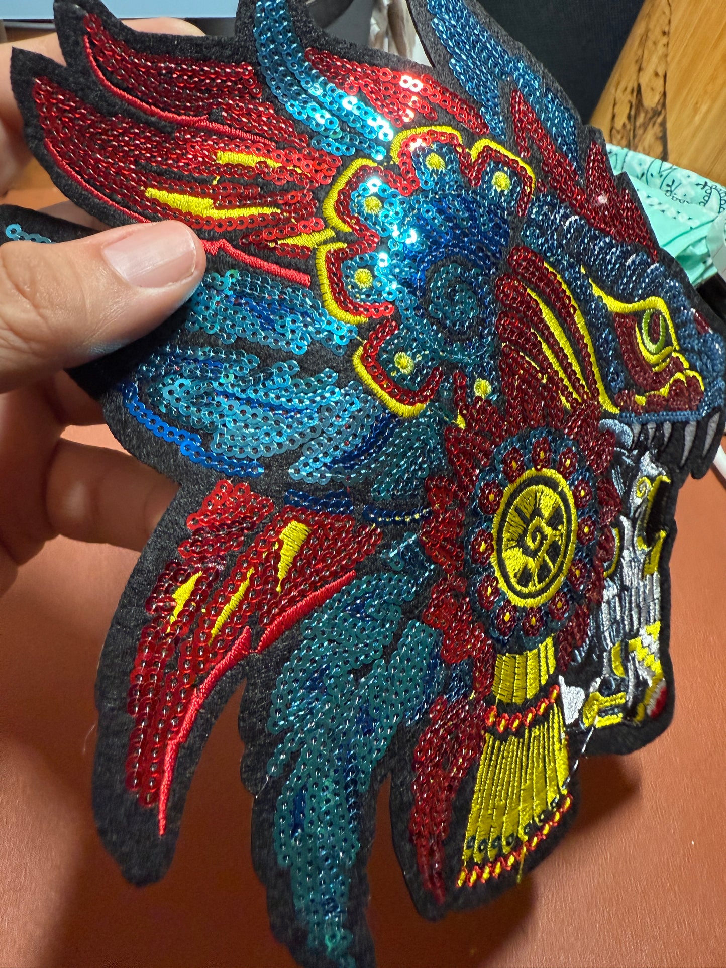 Aztec or Mayan Dead Serpent Warrior Patch, 9" x 8.5", patches, Sequins, embroidered (#27)