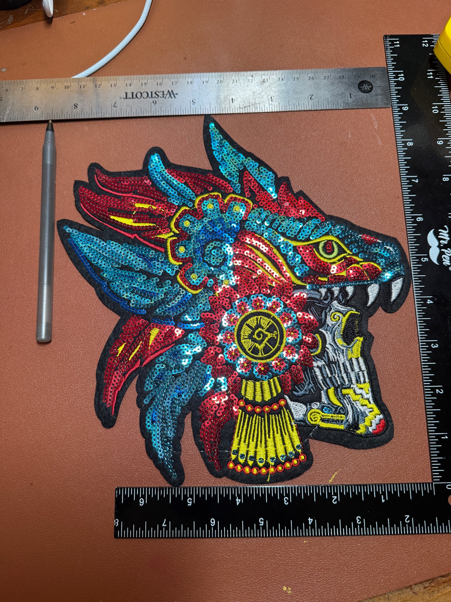 Aztec or Mayan Dead Serpent Warrior Patch, 9" x 8.5", patches, Sequins, embroidered (#27)