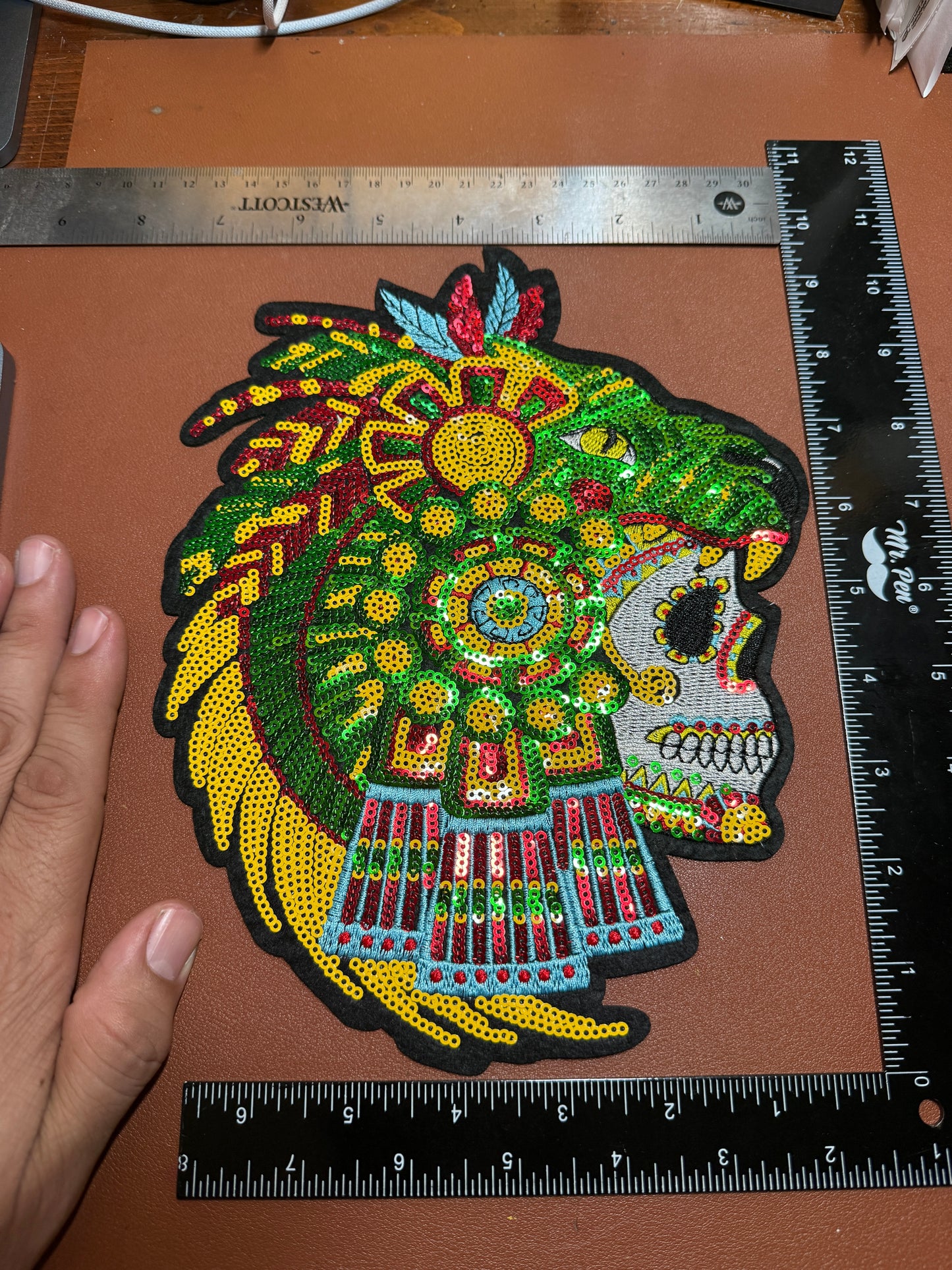 Aztec or Mayan Dead Jaguar Warrior Patch, 9.5" x 7.5", patches, Sequins, embroidered (#31)
