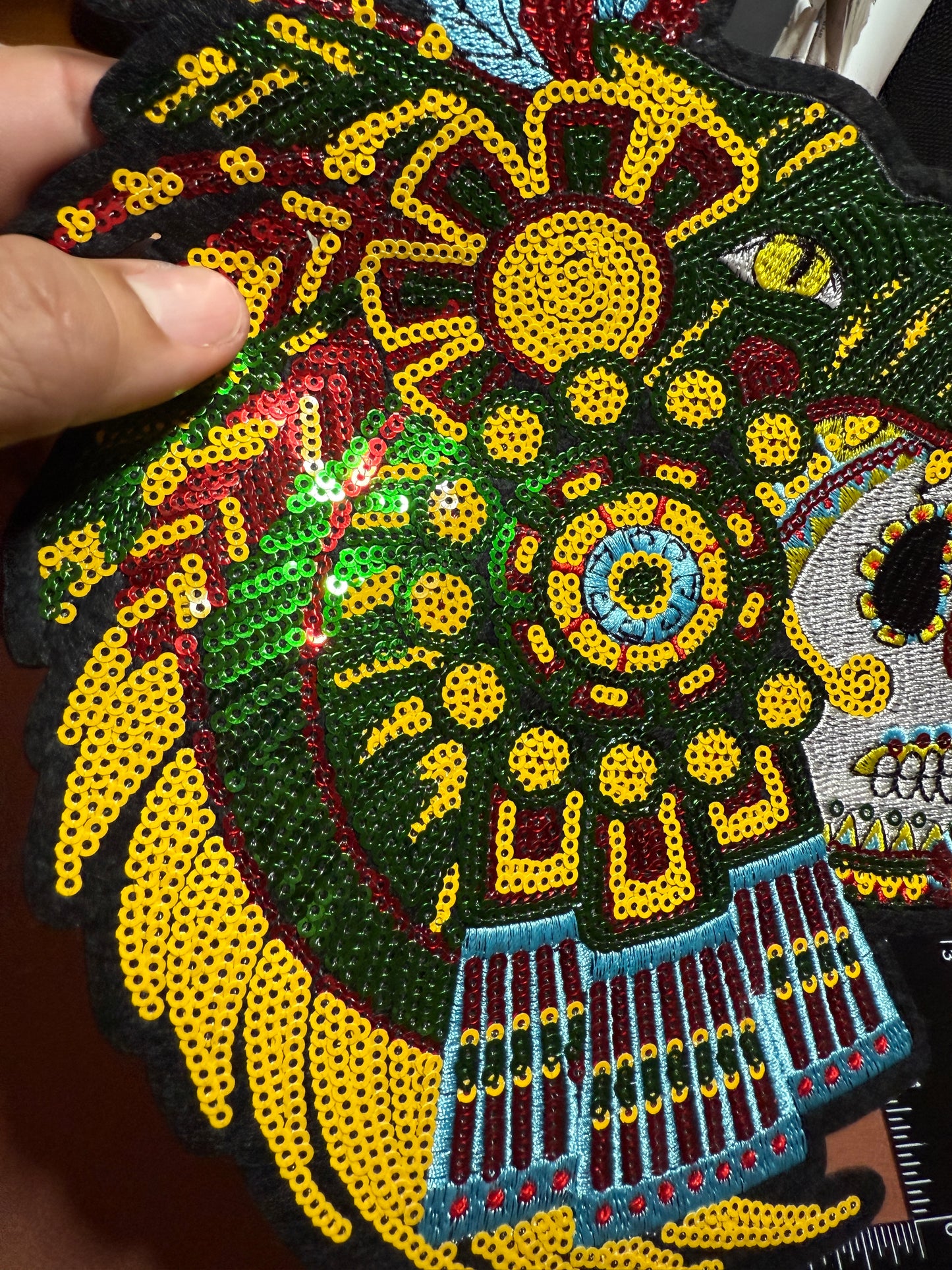 Aztec or Mayan Dead Jaguar Warrior Patch, 9.5" x 7.5", patches, Sequins, embroidered (#31)
