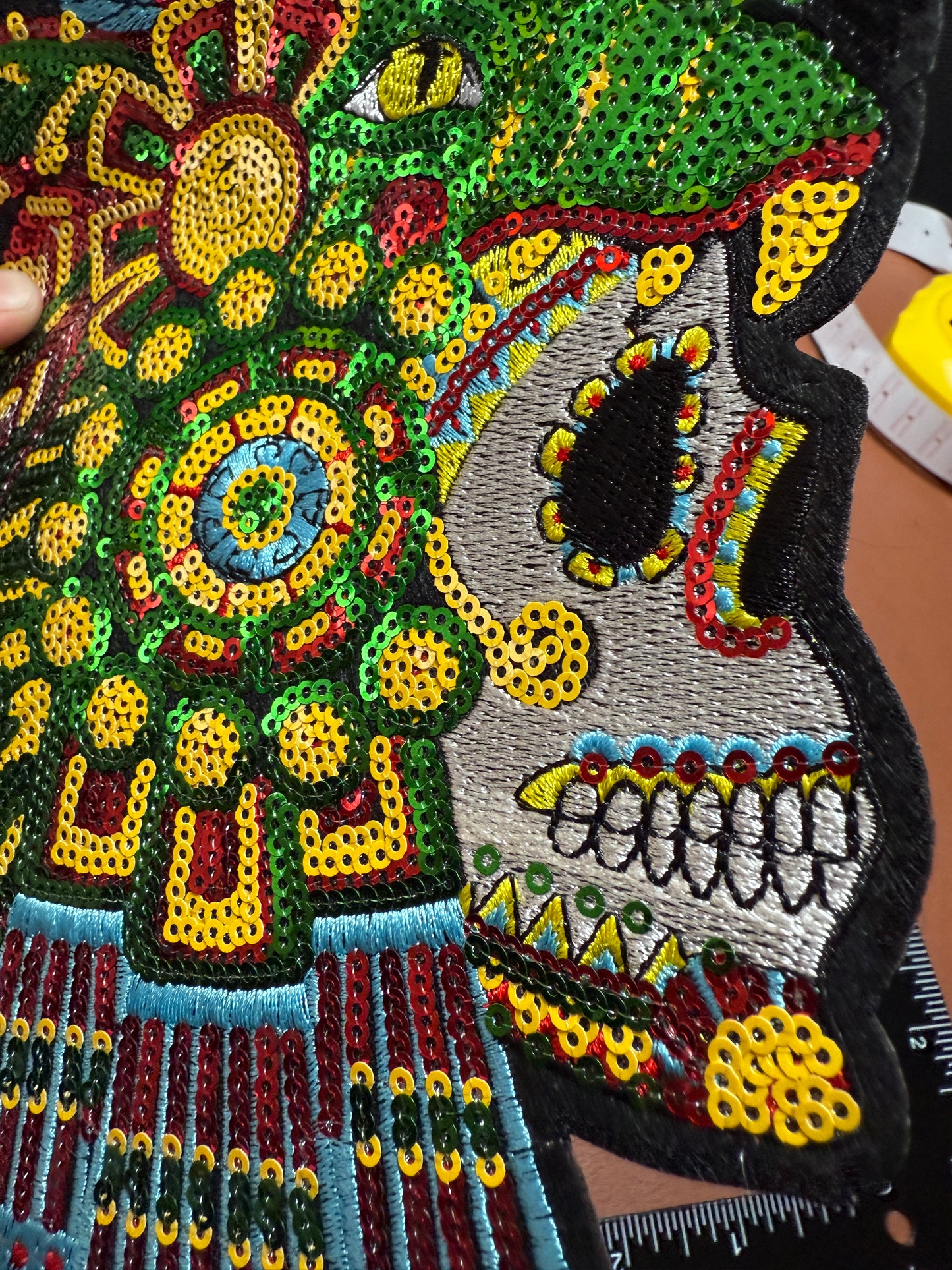 Aztec or Mayan Dead Jaguar Warrior Patch, 9.5" x 7.5", patches, Sequins, embroidered (#31)