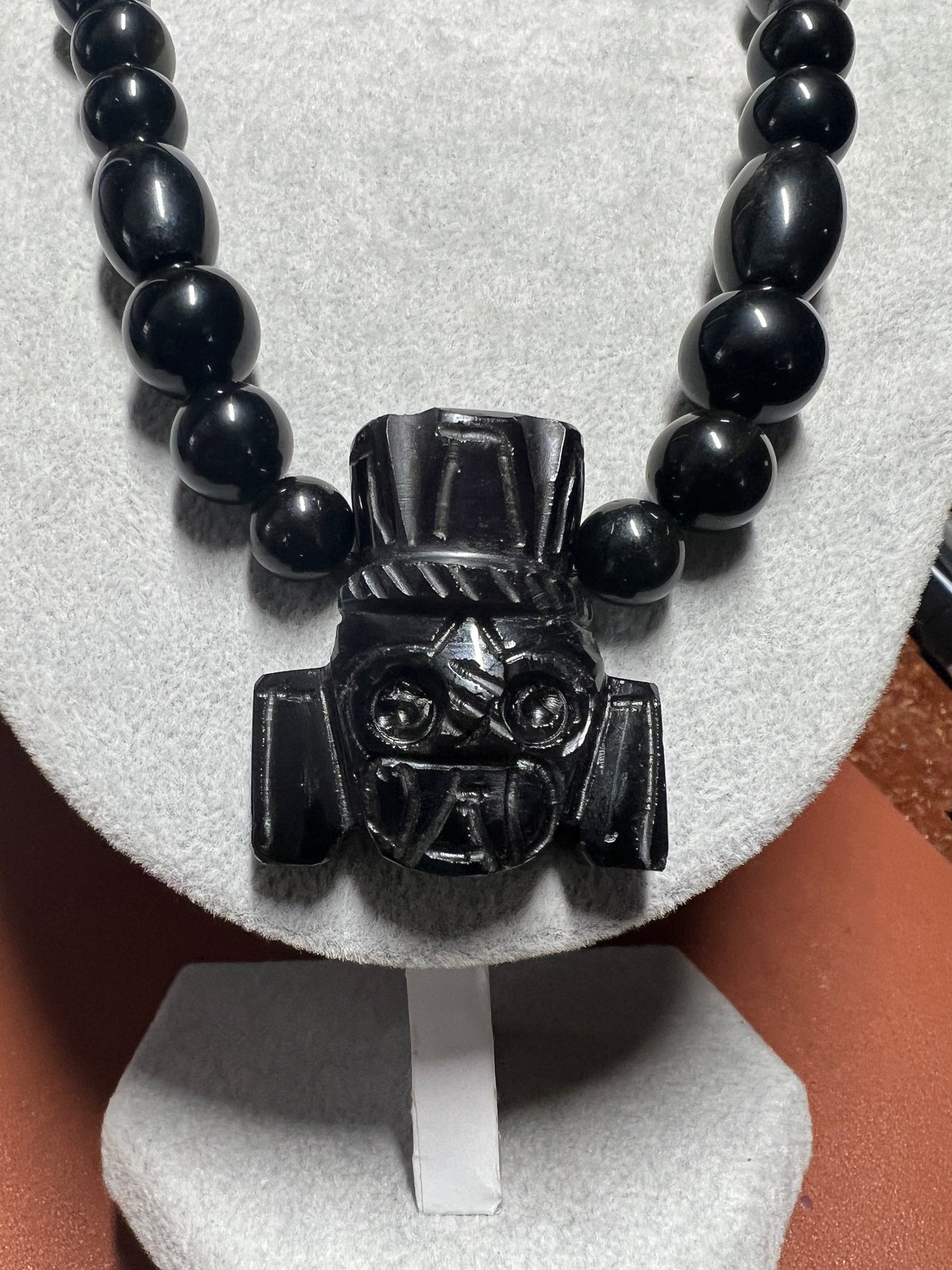 Obsidian Tlaloc Pendant and Gold Sheen Obsidian Beaded Necklace, Aztec, Mexico (#36)