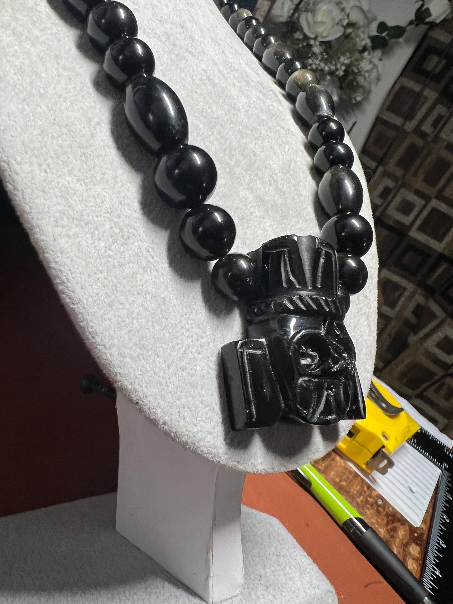 Obsidian Tlaloc Pendant and Gold Sheen Obsidian Beaded Necklace, Aztec, Mexico (#36)