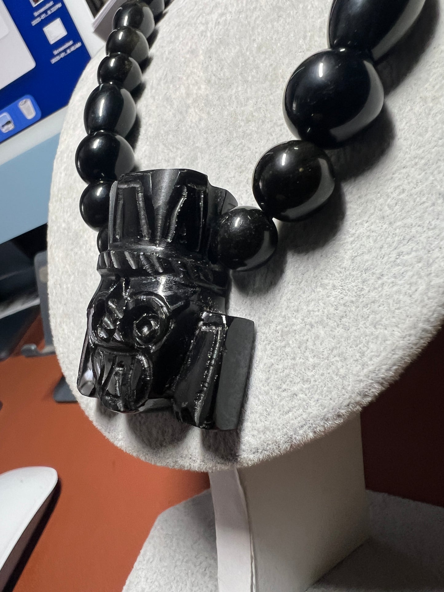 Obsidian Tlaloc Pendant and Gold Sheen Obsidian Beaded Necklace, Aztec, Mexico (#36)