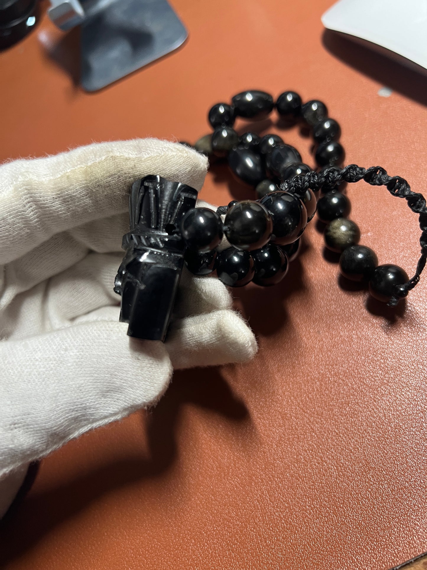 Obsidian Tlaloc Pendant and Gold Sheen Obsidian Beaded Necklace, Aztec, Mexico (#36)