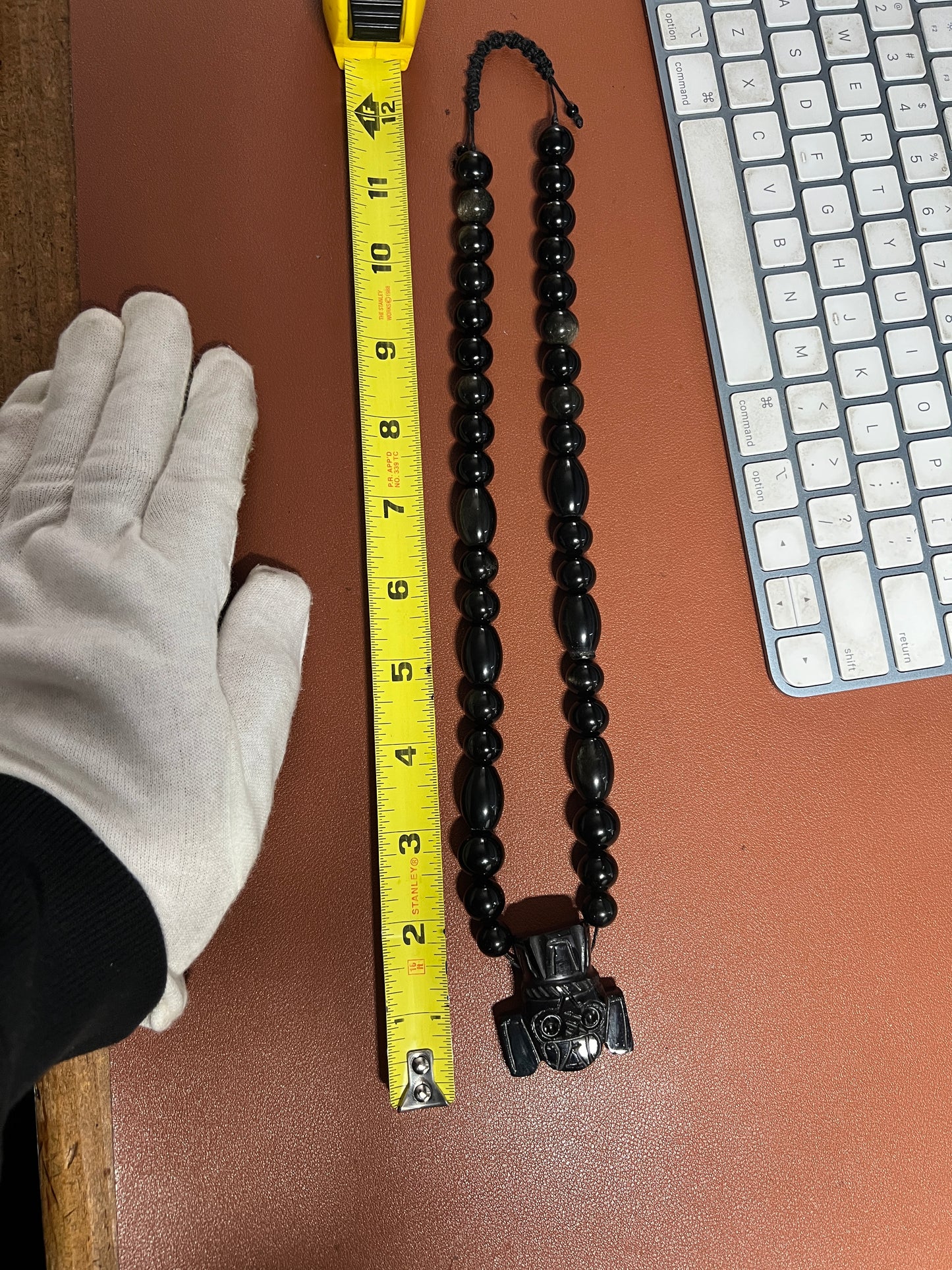 Obsidian Tlaloc Pendant and Gold Sheen Obsidian Beaded Necklace, Aztec, Mexico (#36)