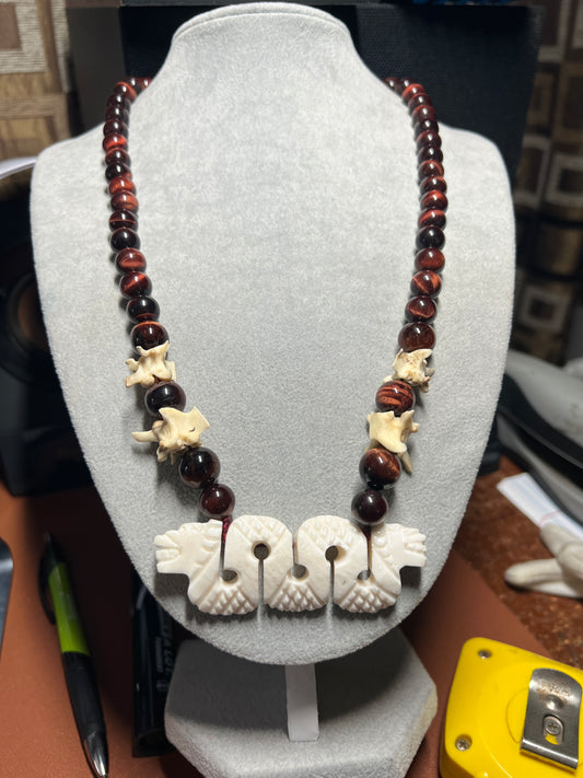 Bone Maquitzcoatl Double Headed Serpent Snake Spine Necklace, Tiger Eye Beads, Mexico (#36)