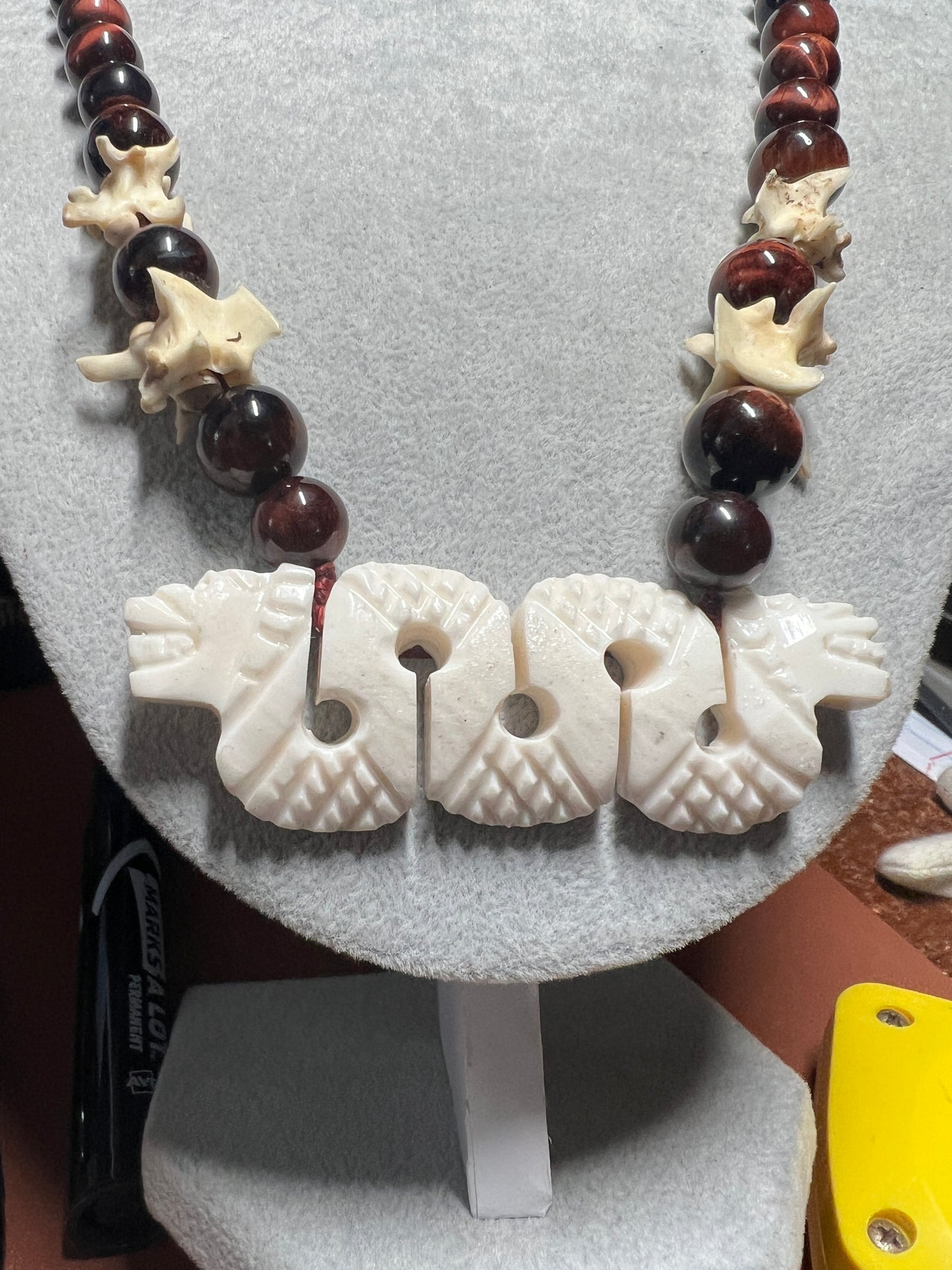 Bone Maquitzcoatl Double Headed Serpent Snake Spine Necklace, Tiger Eye Beads, Mexico (#36)