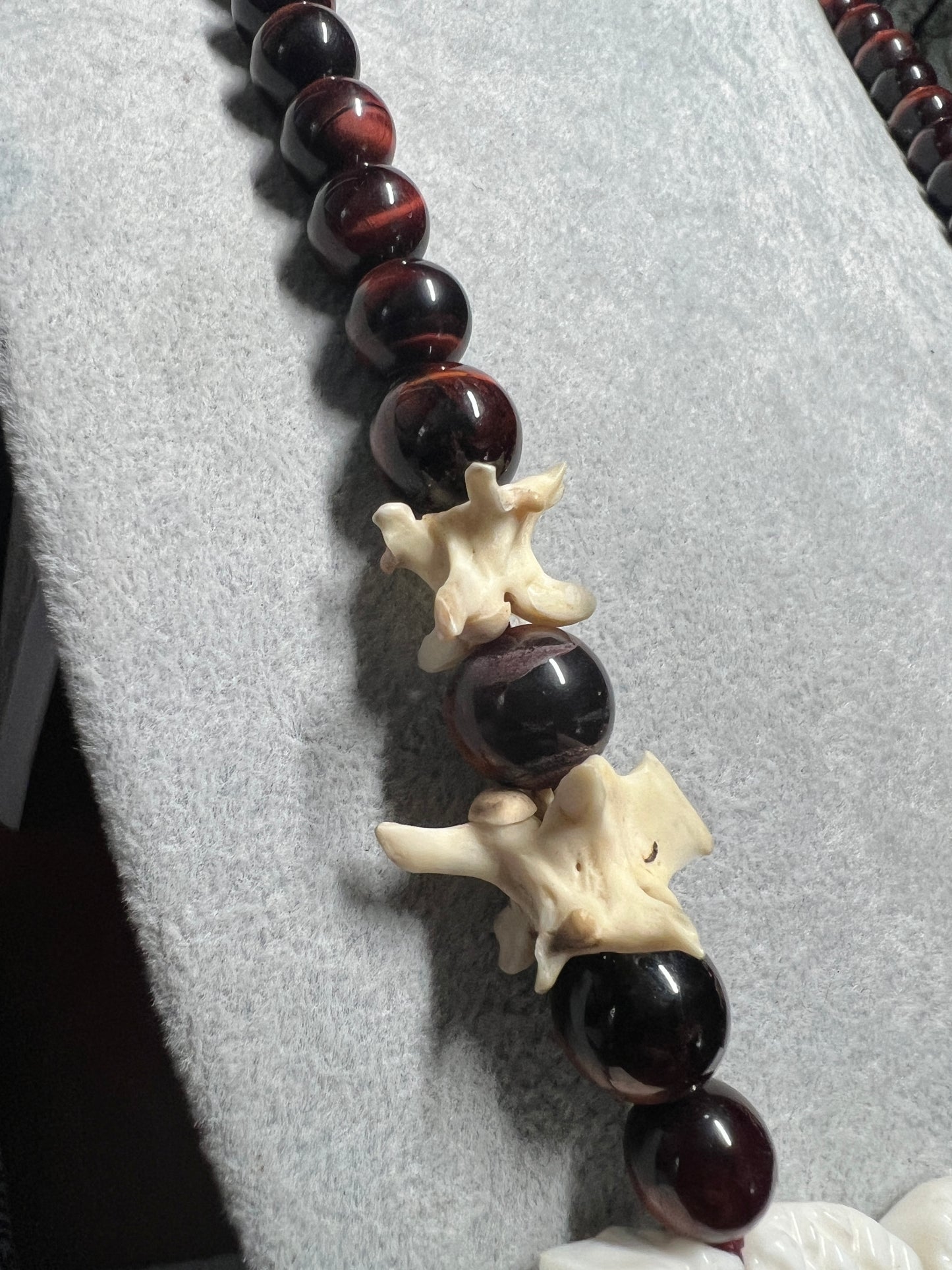 Bone Maquitzcoatl Double Headed Serpent Snake Spine Necklace, Tiger Eye Beads, Mexico (#36)