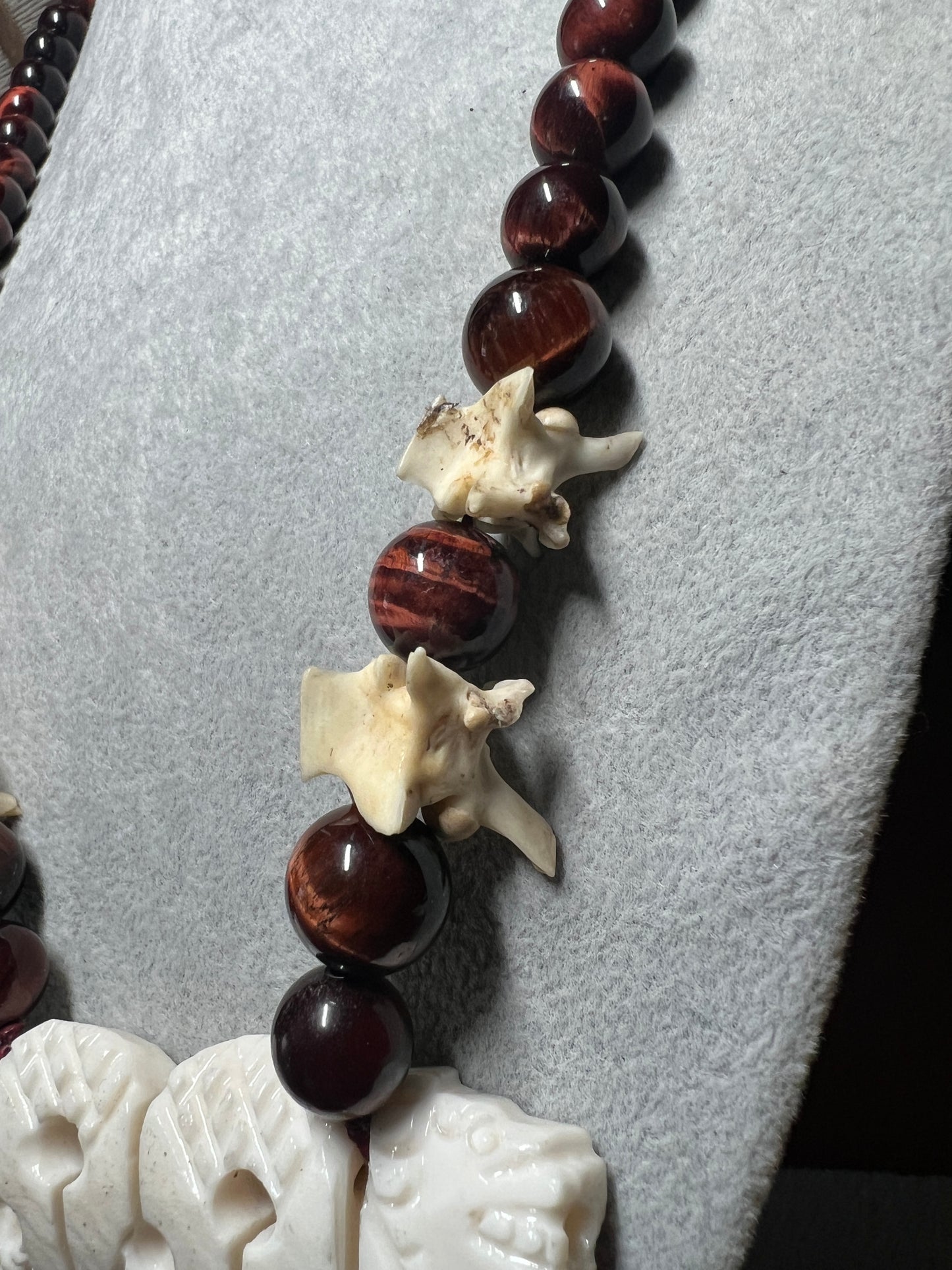 Bone Maquitzcoatl Double Headed Serpent Snake Spine Necklace, Tiger Eye Beads, Mexico (#36)
