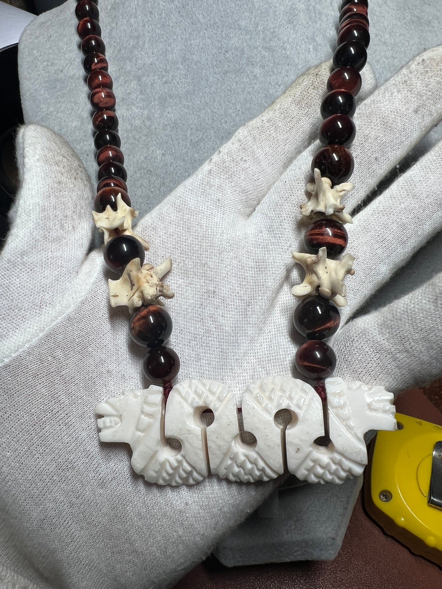 Bone Maquitzcoatl Double Headed Serpent Snake Spine Necklace, Tiger Eye Beads, Mexico (#36)