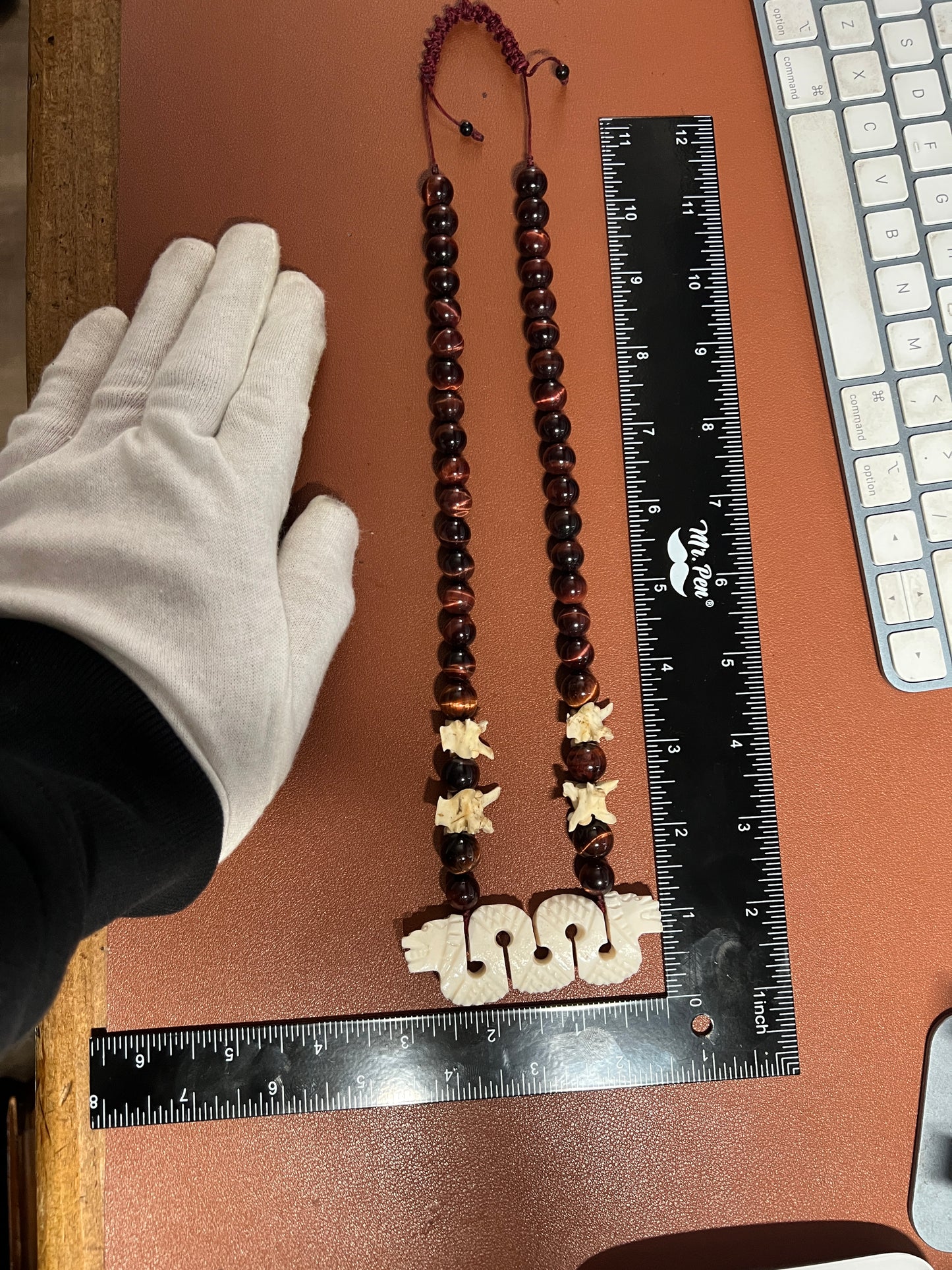 Bone Maquitzcoatl Double Headed Serpent Snake Spine Necklace, Tiger Eye Beads, Mexico (#36)