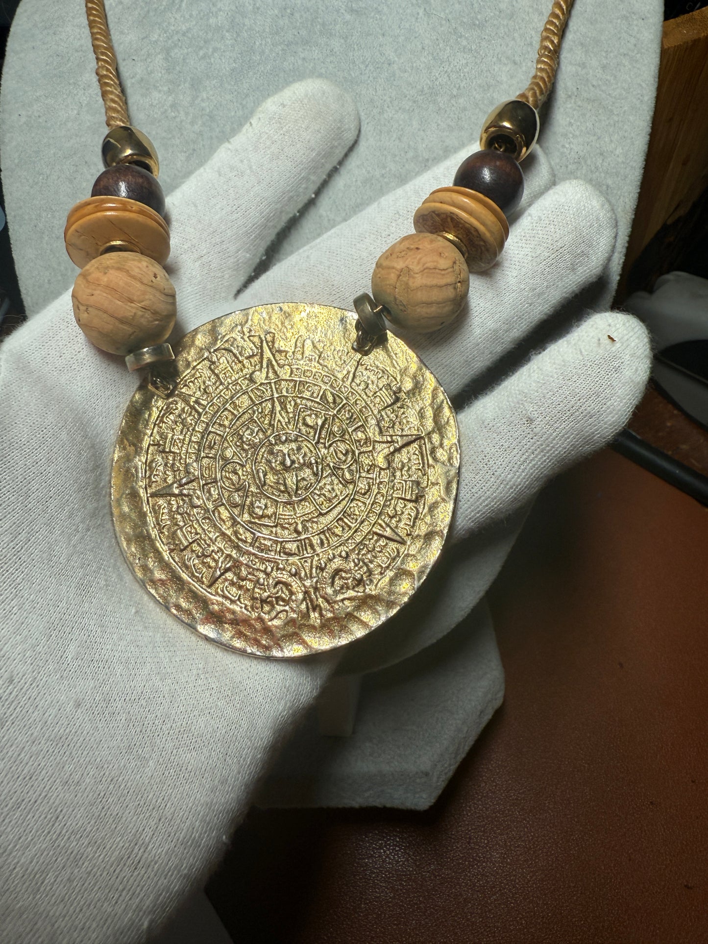 Gold Plated Aztec Calendar Pendant Medallion Necklace, Vintage, Handmade (H)
