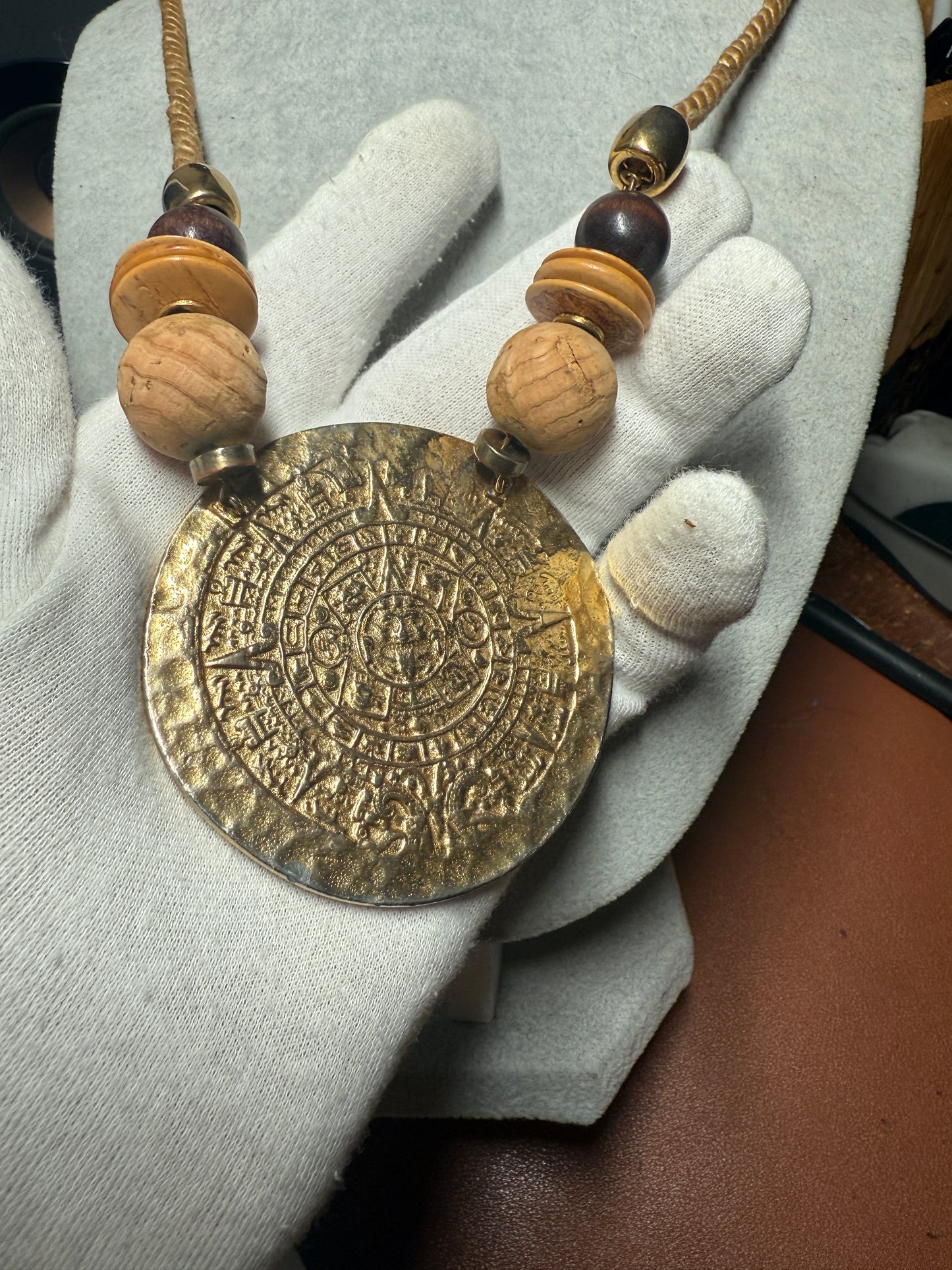 Gold Plated Aztec Calendar Pendant Medallion Necklace, Vintage, Handmade (H)