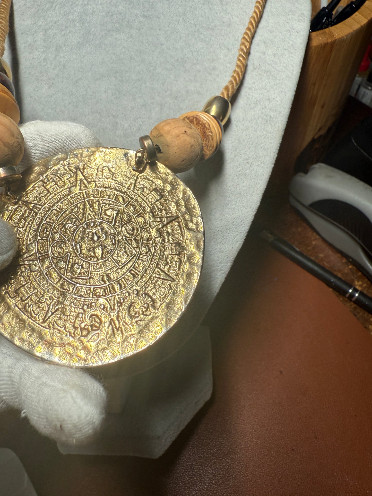 Gold Plated Aztec Calendar Pendant Medallion Necklace, Vintage, Handmade (H)