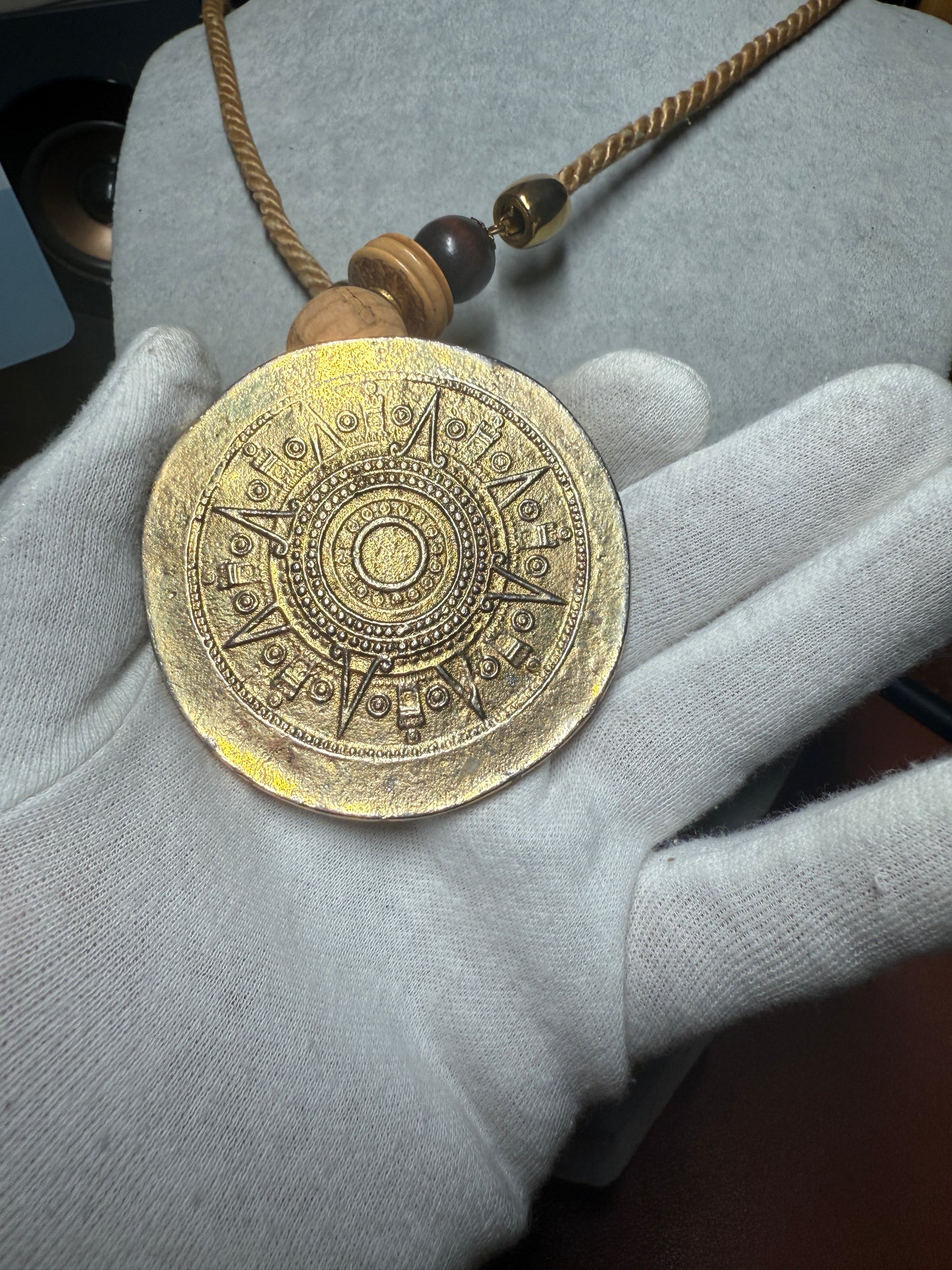 Gold Plated Aztec Calendar Pendant Medallion Necklace, Vintage, Handmade (H)