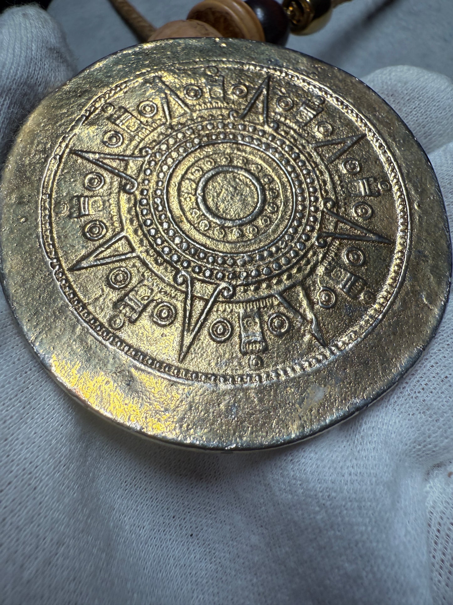 Gold Plated Aztec Calendar Pendant Medallion Necklace, Vintage, Handmade (H)
