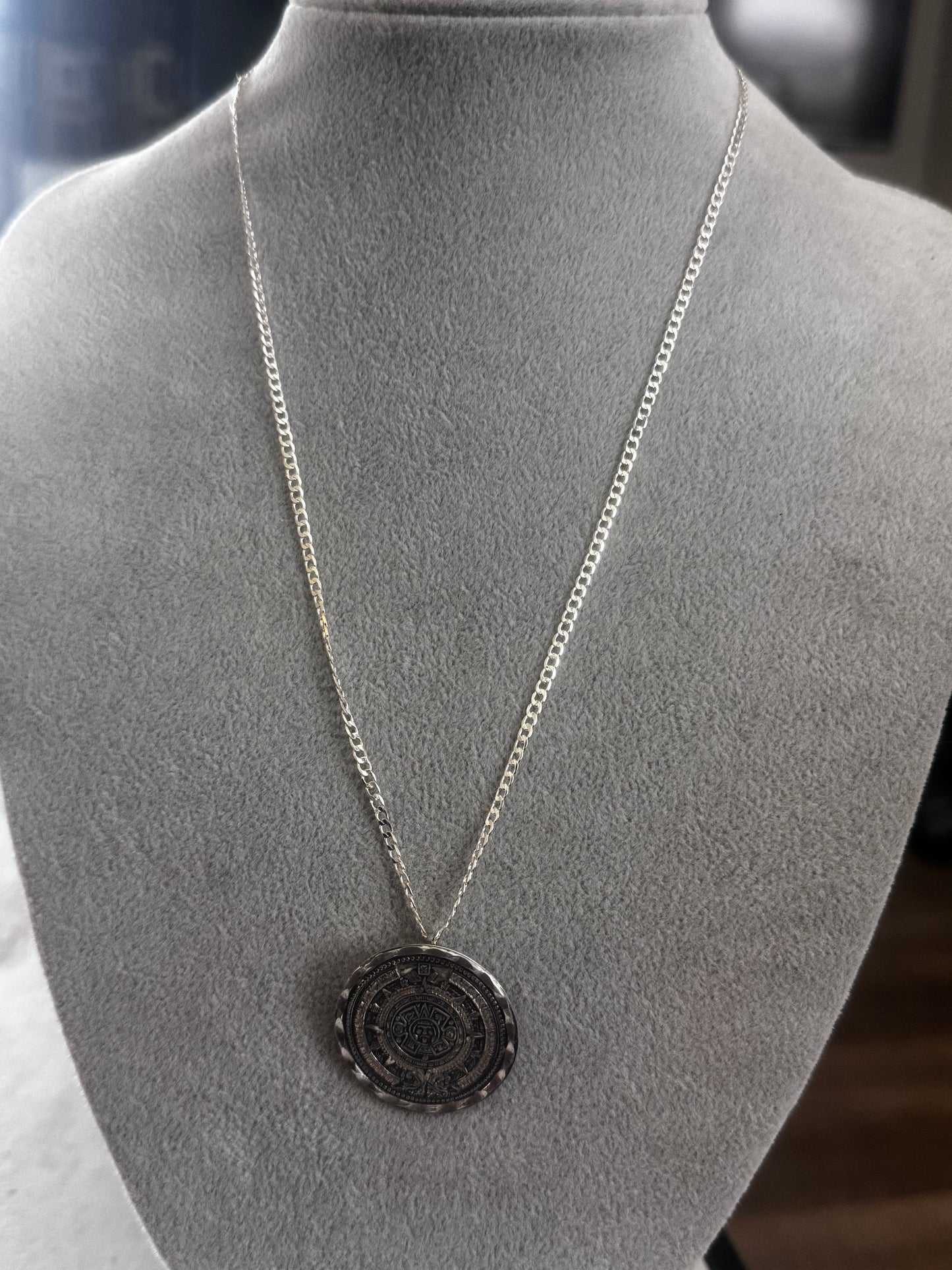 Aztec Calendar Sterling Silver 925 Pendant 1.25", Chain Necklace, 20" 925 plated, #39