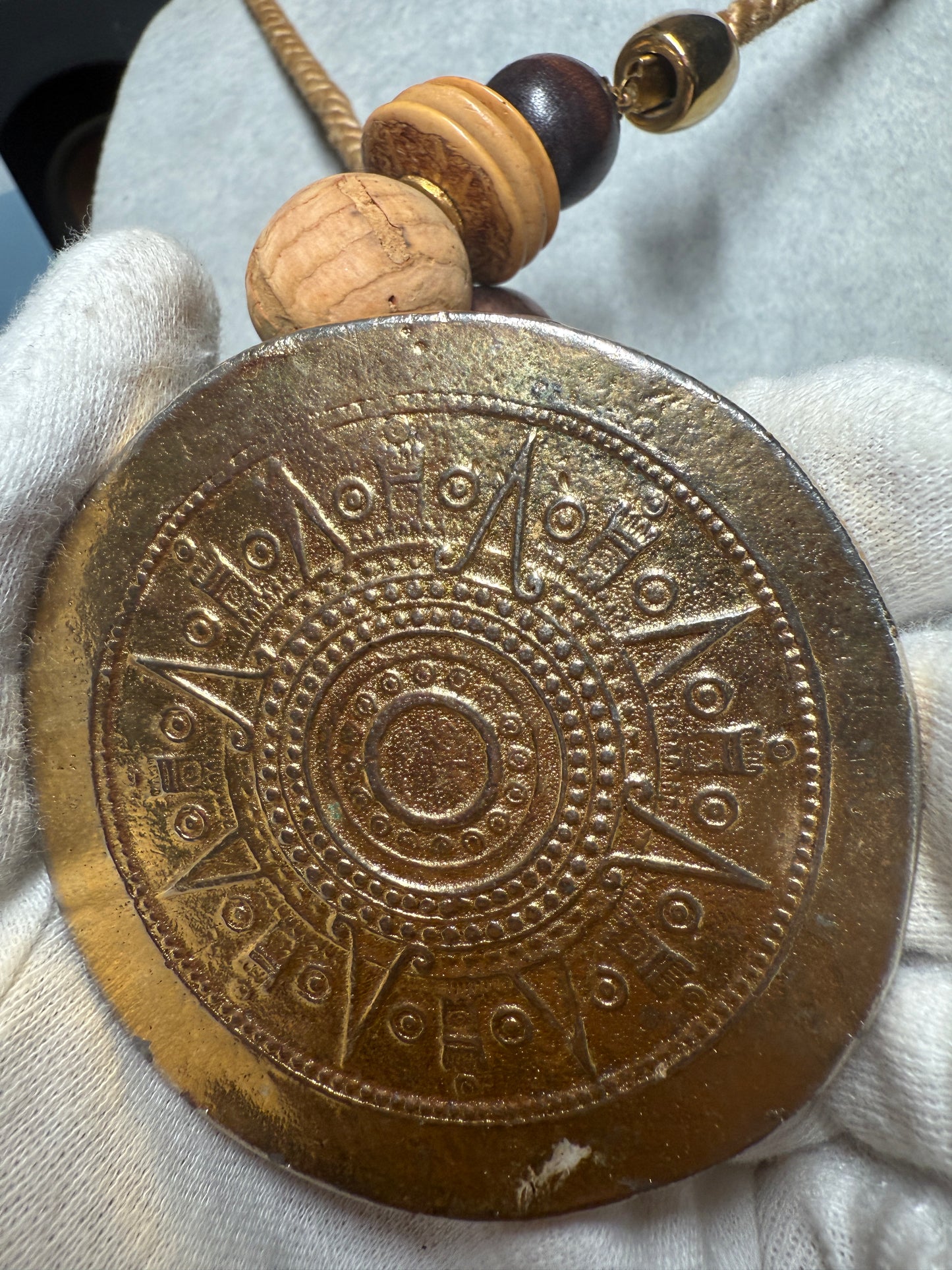 Gold Plated Aztec Calendar Pendant Medallion Necklace, Vintage, Handmade (H)