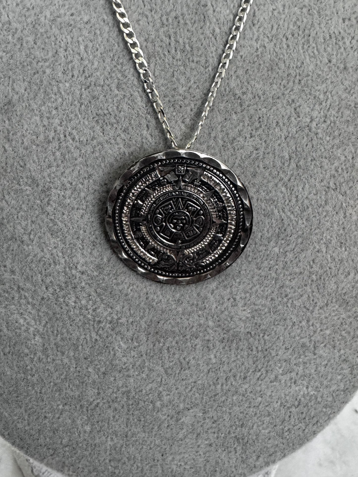 Aztec Calendar Sterling Silver 925 Pendant 1.25", Chain Necklace, 20" 925 plated, #39