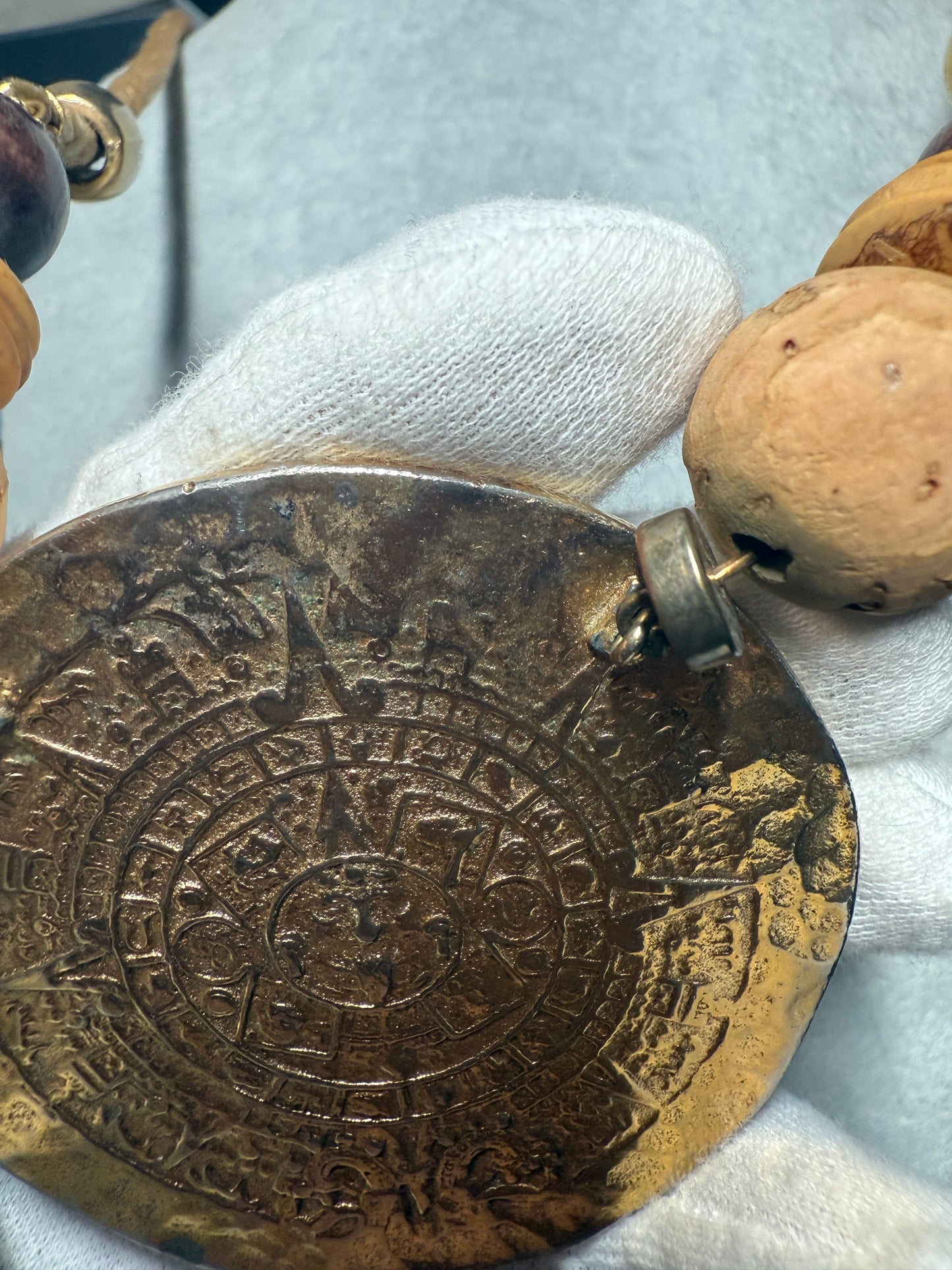 Gold Plated Aztec Calendar Pendant Medallion Necklace, Vintage, Handmade (H)