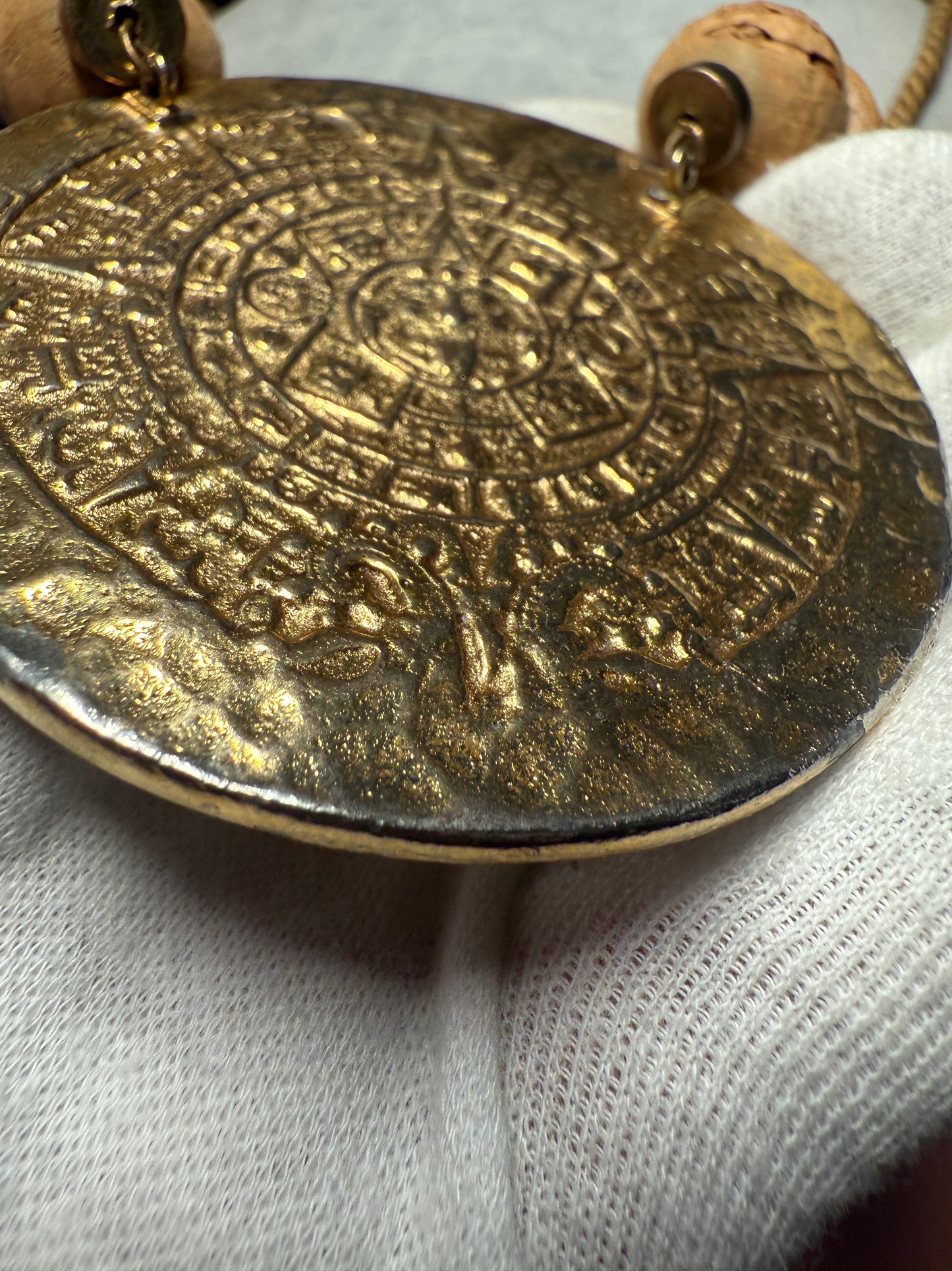 Gold Plated Aztec Calendar Pendant Medallion Necklace, Vintage, Handmade (H)