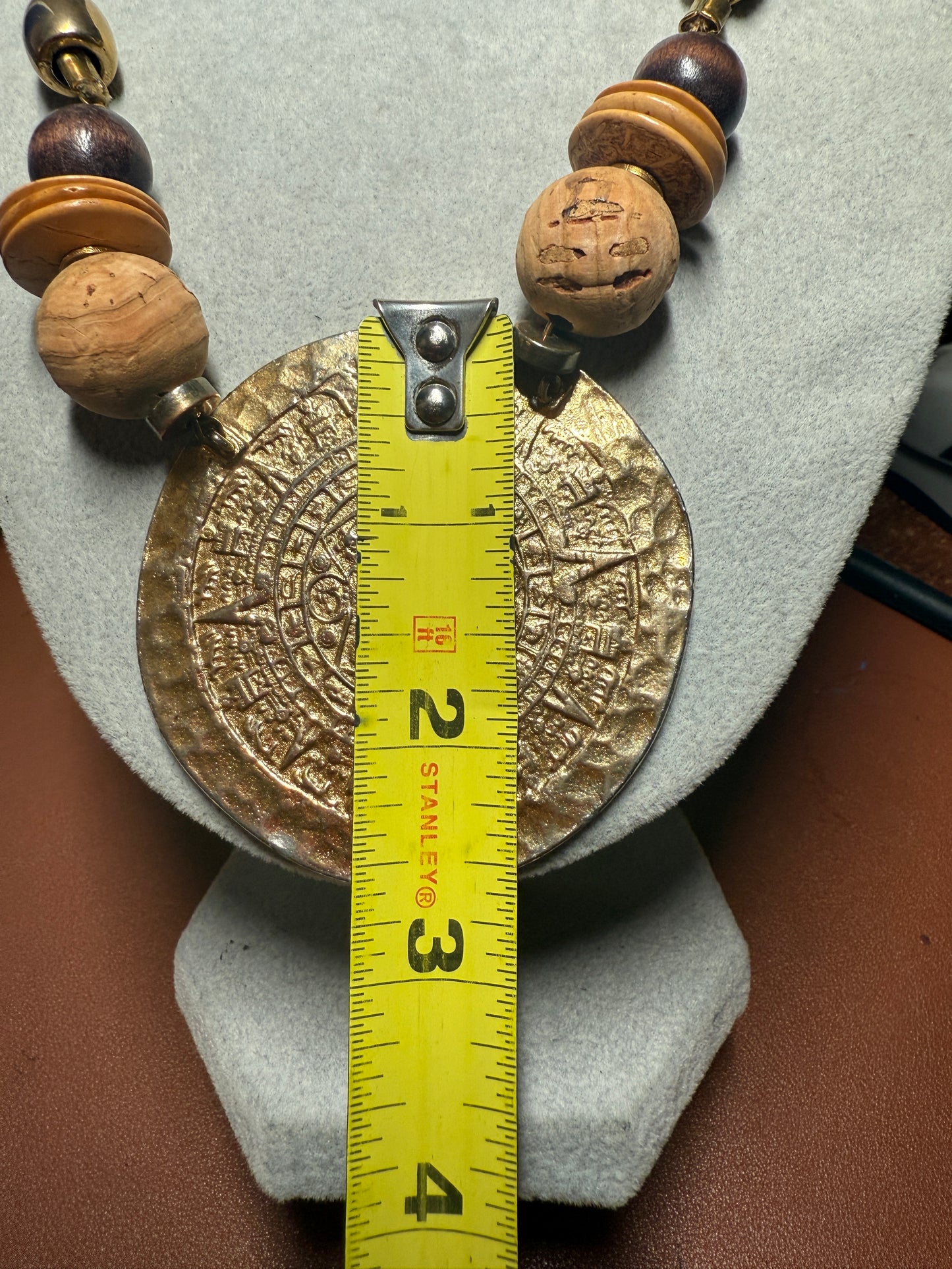 Gold Plated Aztec Calendar Pendant Medallion Necklace, Vintage, Handmade (H)