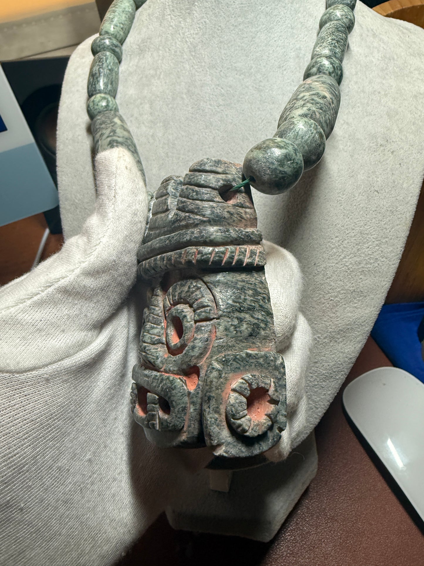 Tlaloc Pendant and Beaded Necklace of Mayan Granite, from Mexico, Azteca (#40)