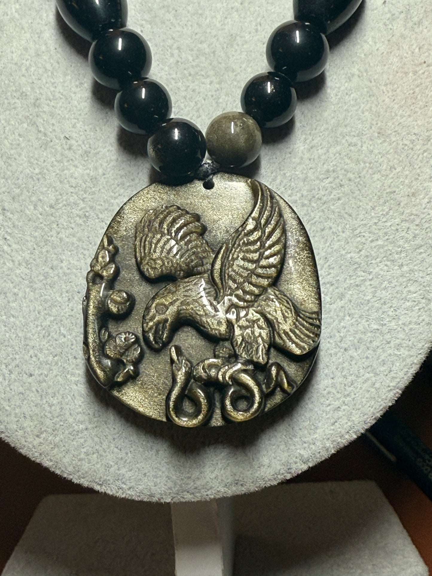 Gold Obsidian Mexican Shield Eagle Snake Cactus Foundation Pendant Necklace, Mexico (#39)