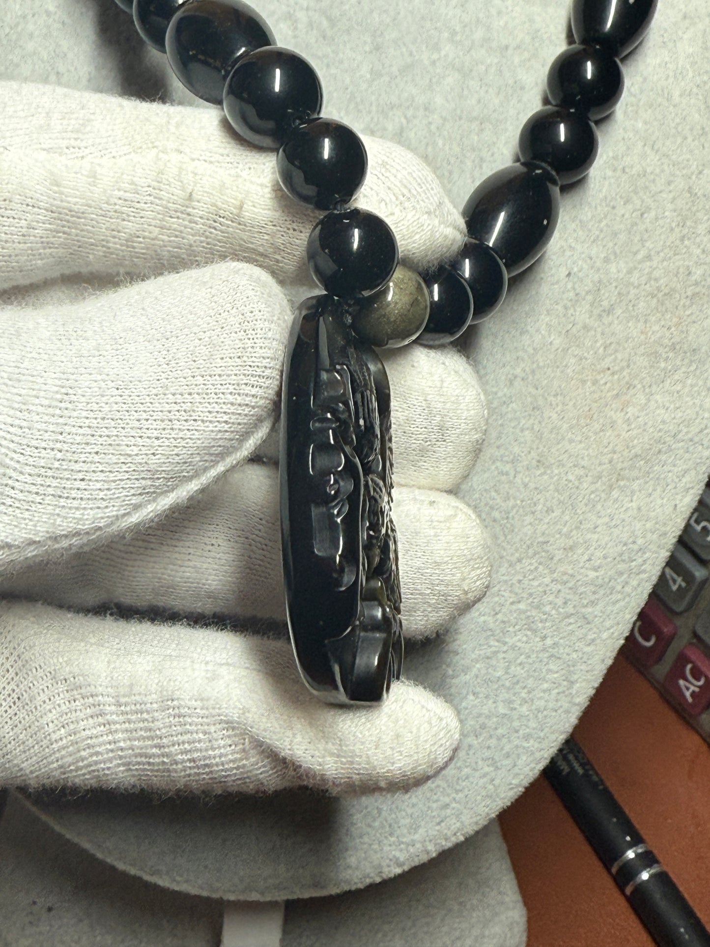 Gold Obsidian Mexican Shield Eagle Snake Cactus Foundation Pendant Necklace, Mexico (#39)