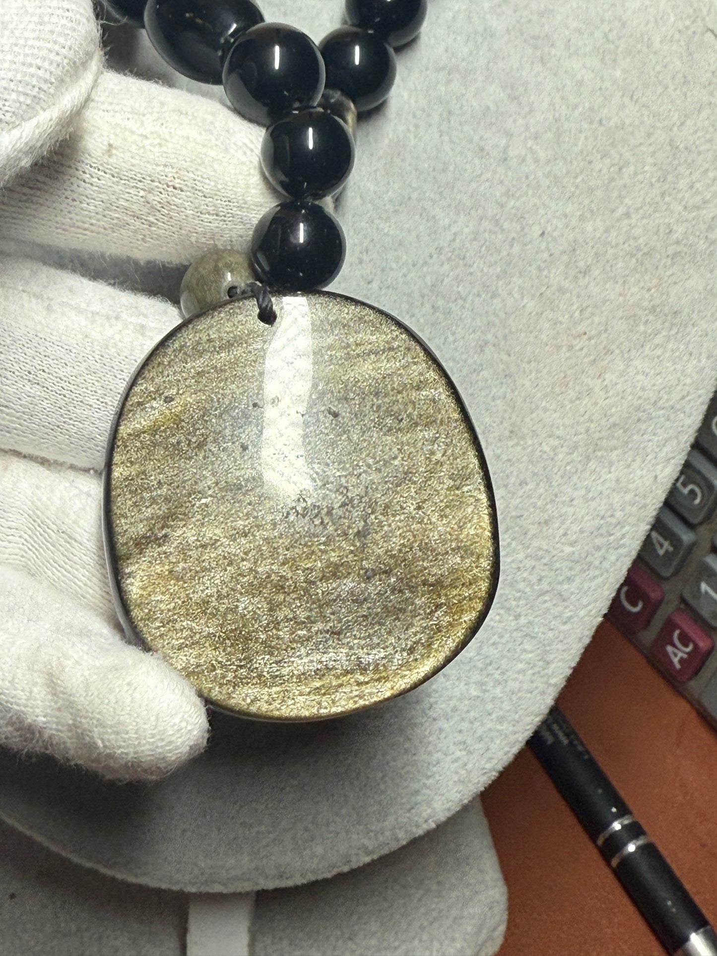 Gold Obsidian Mexican Shield Eagle Snake Cactus Foundation Pendant Necklace, Mexico (#39)