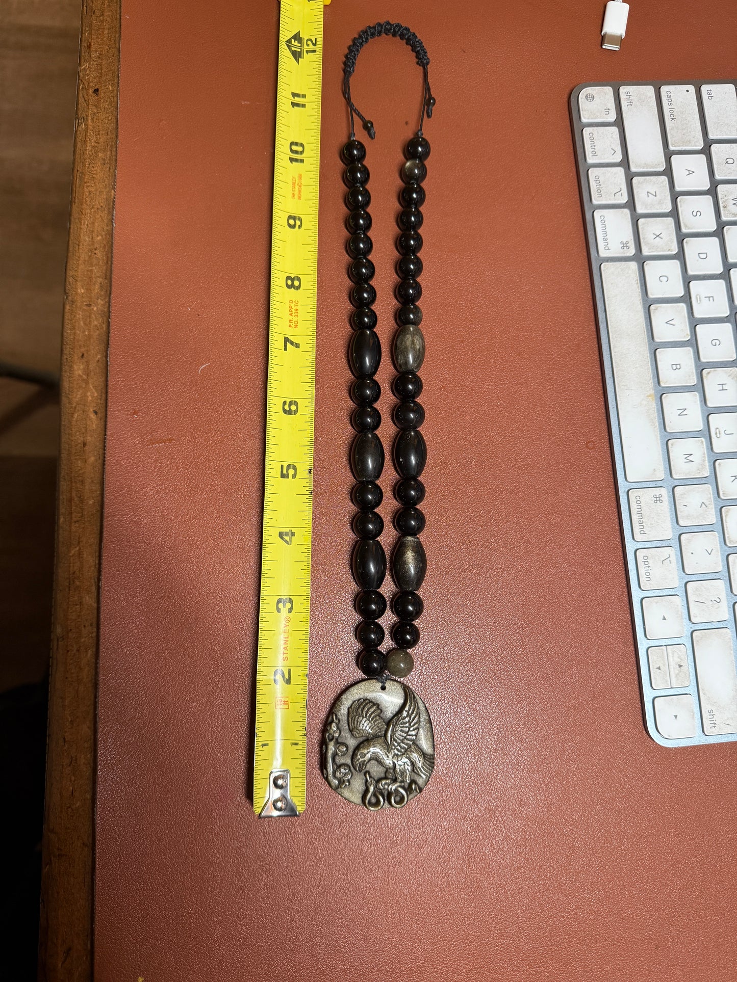 Gold Obsidian Mexican Shield Eagle Snake Cactus Foundation Pendant Necklace, Mexico (#39)