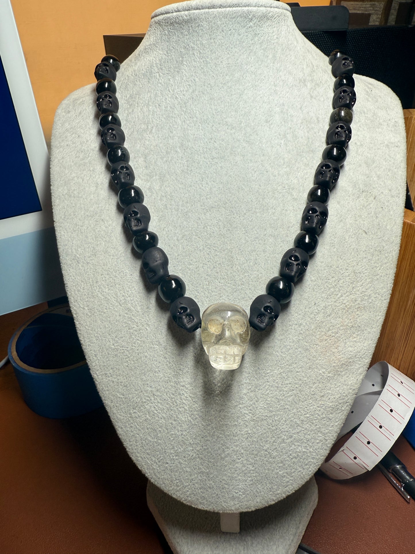 Quartz Skull Necklace, Crystal Skull, Obsidian Beads, Aztec Made Indigenous #39