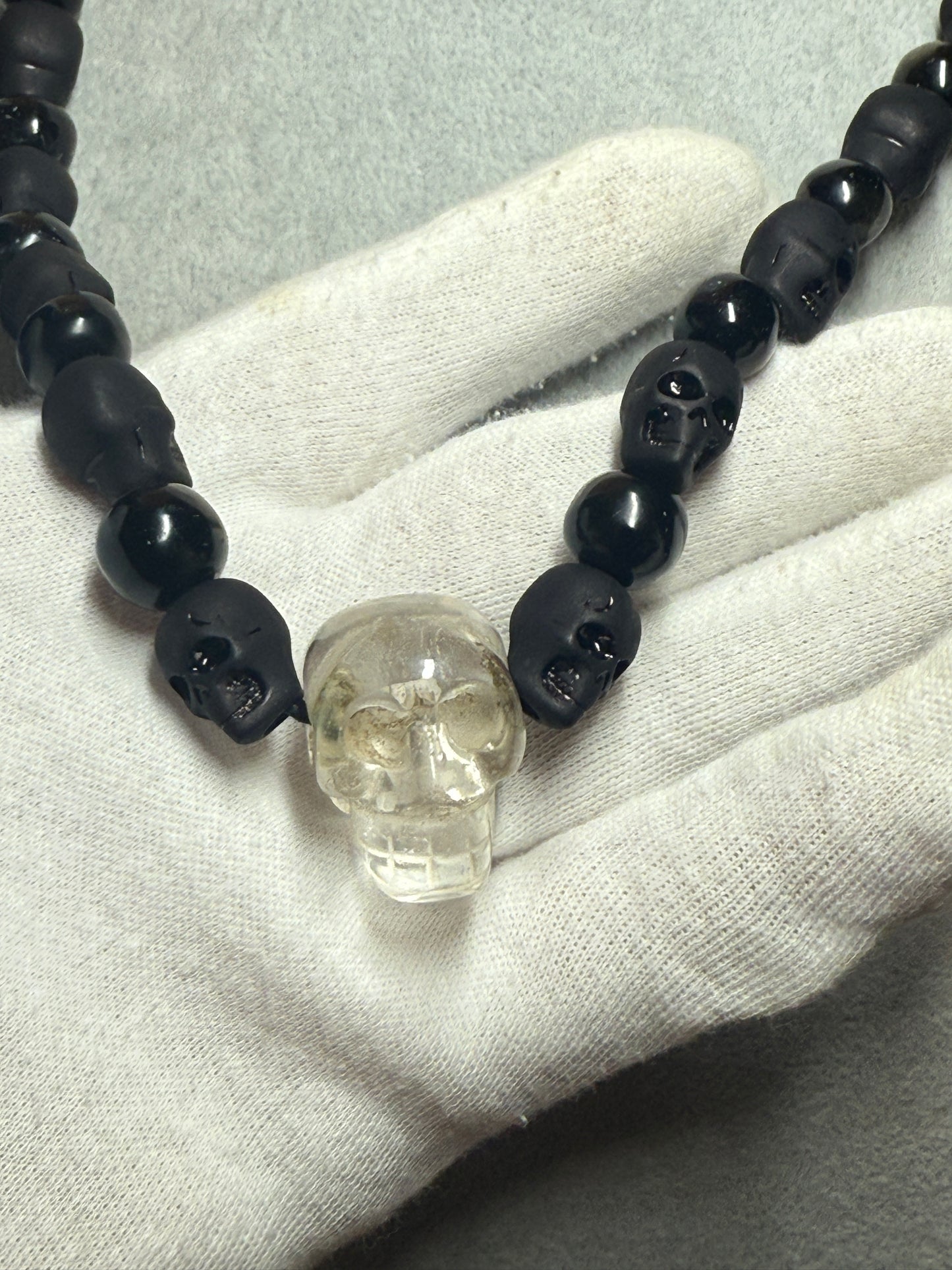 Quartz Skull Necklace, Crystal Skull, Obsidian Beads, Aztec Made Indigenous #39