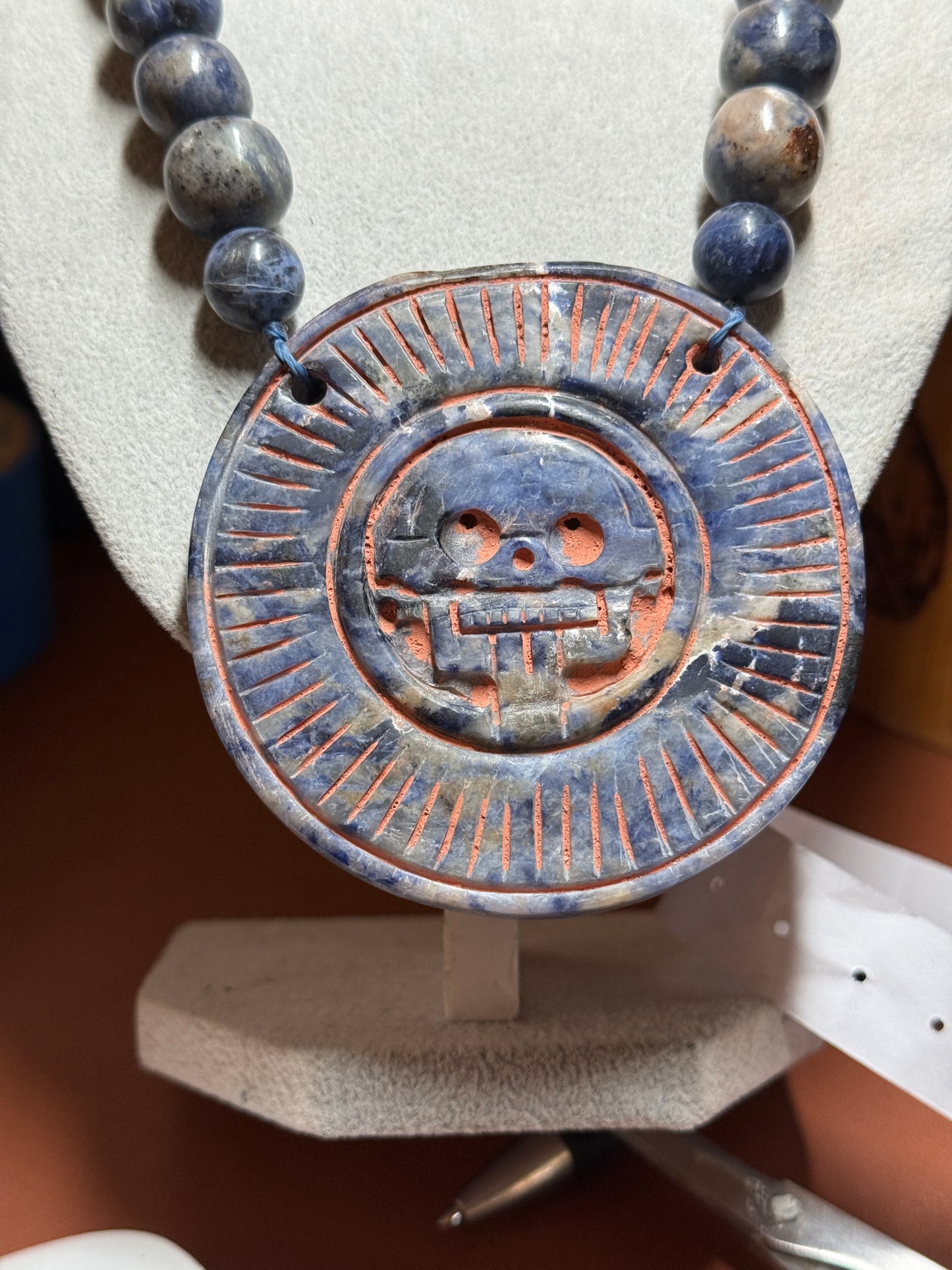 Blue Sodalite Mictlantecuhtli Disk Piedra Muerte Mexican Mexico Aztec Native #41