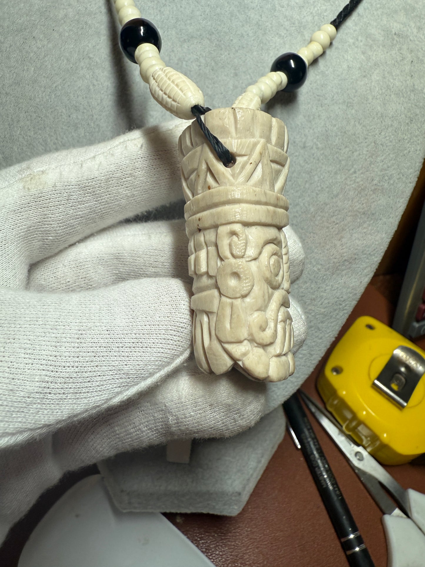 Aztec Tlaloc Pendant Carved from Bone, Mexica, Rain God, Mexico (H)