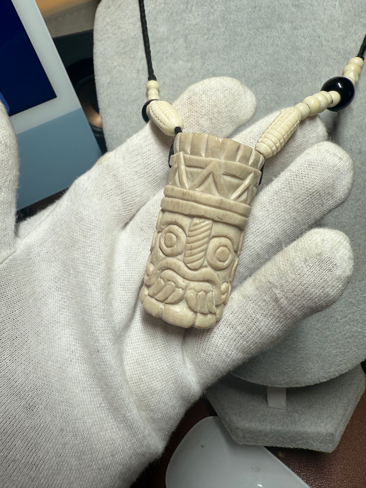 Aztec Tlaloc Pendant Carved from Bone, Mexica, Rain God, Mexico (H)