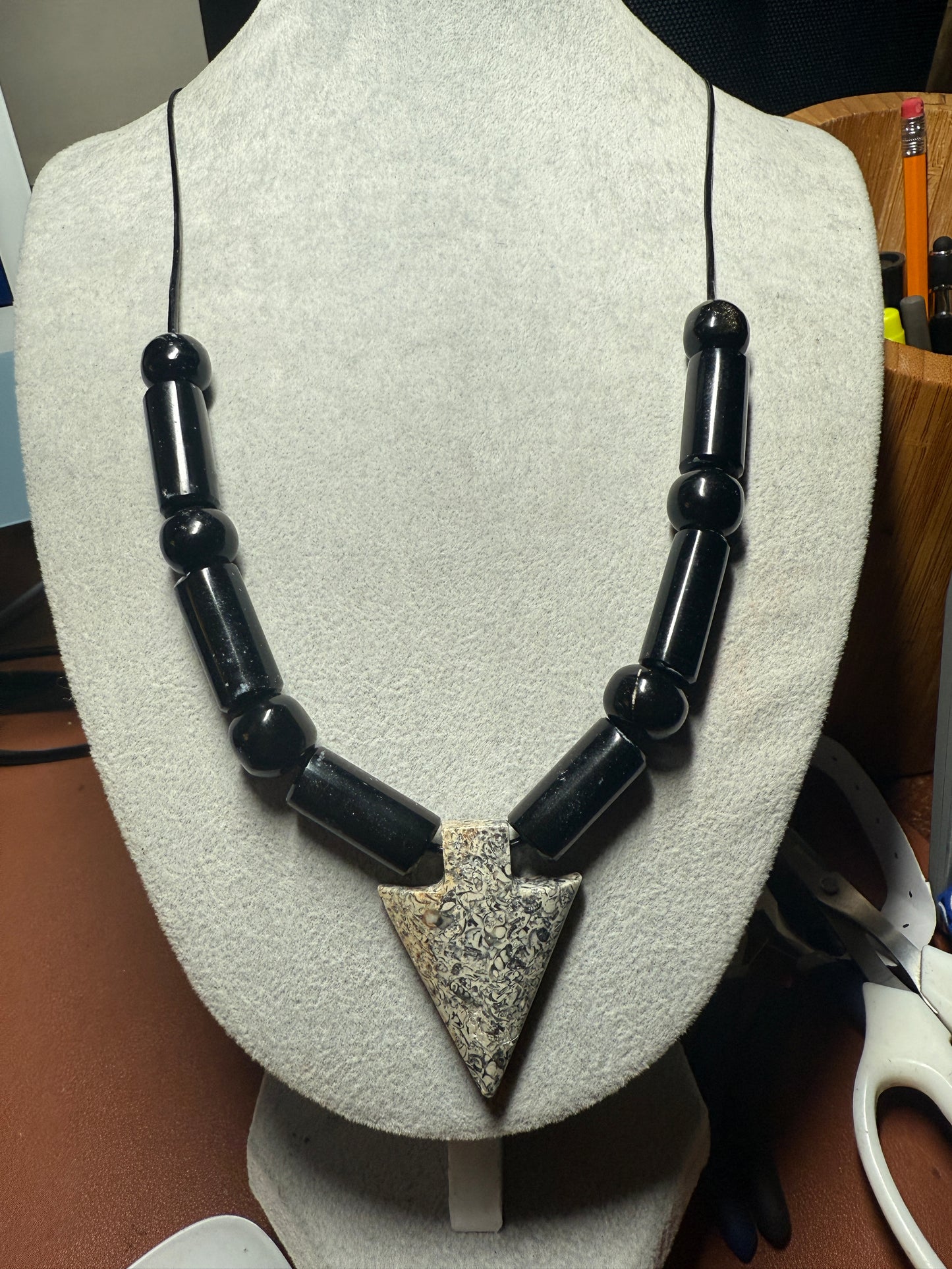 Granite Arrowhead Pendant Obsidian Beaded Necklace, Mexican, Aztec, Mexico #40