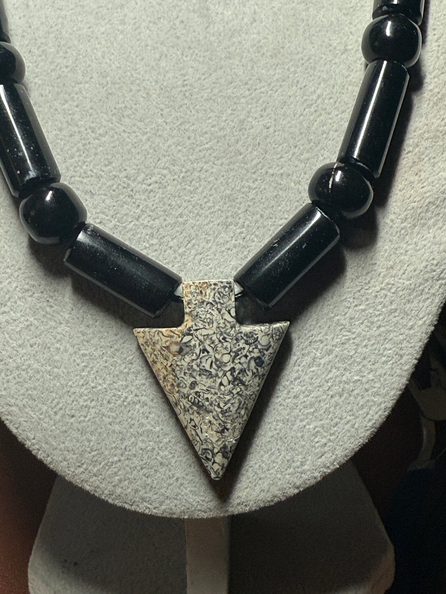 Granite Arrowhead Pendant Obsidian Beaded Necklace, Mexican, Aztec, Mexico #40