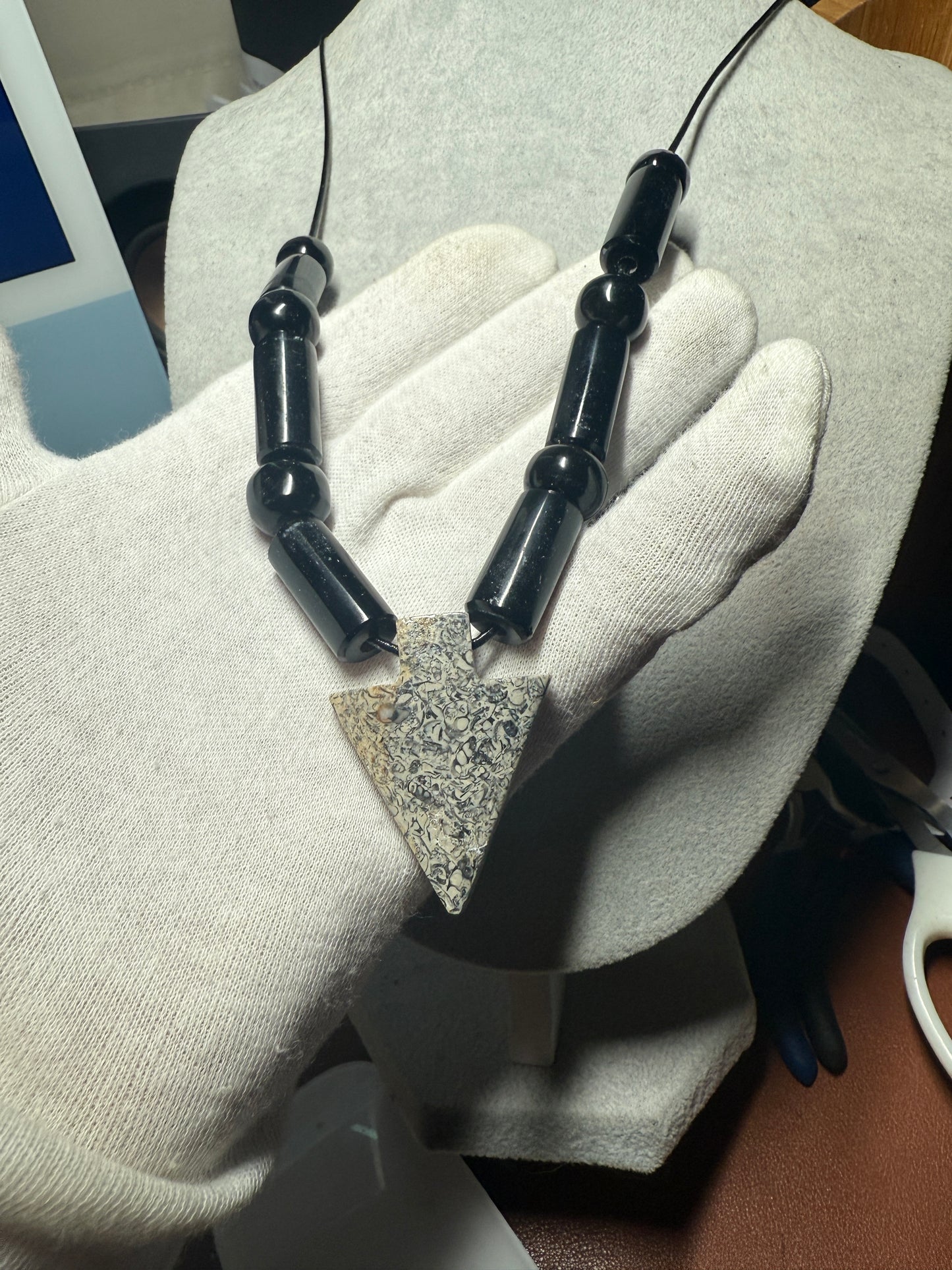 Granite Arrowhead Pendant Obsidian Beaded Necklace, Mexican, Aztec, Mexico #40