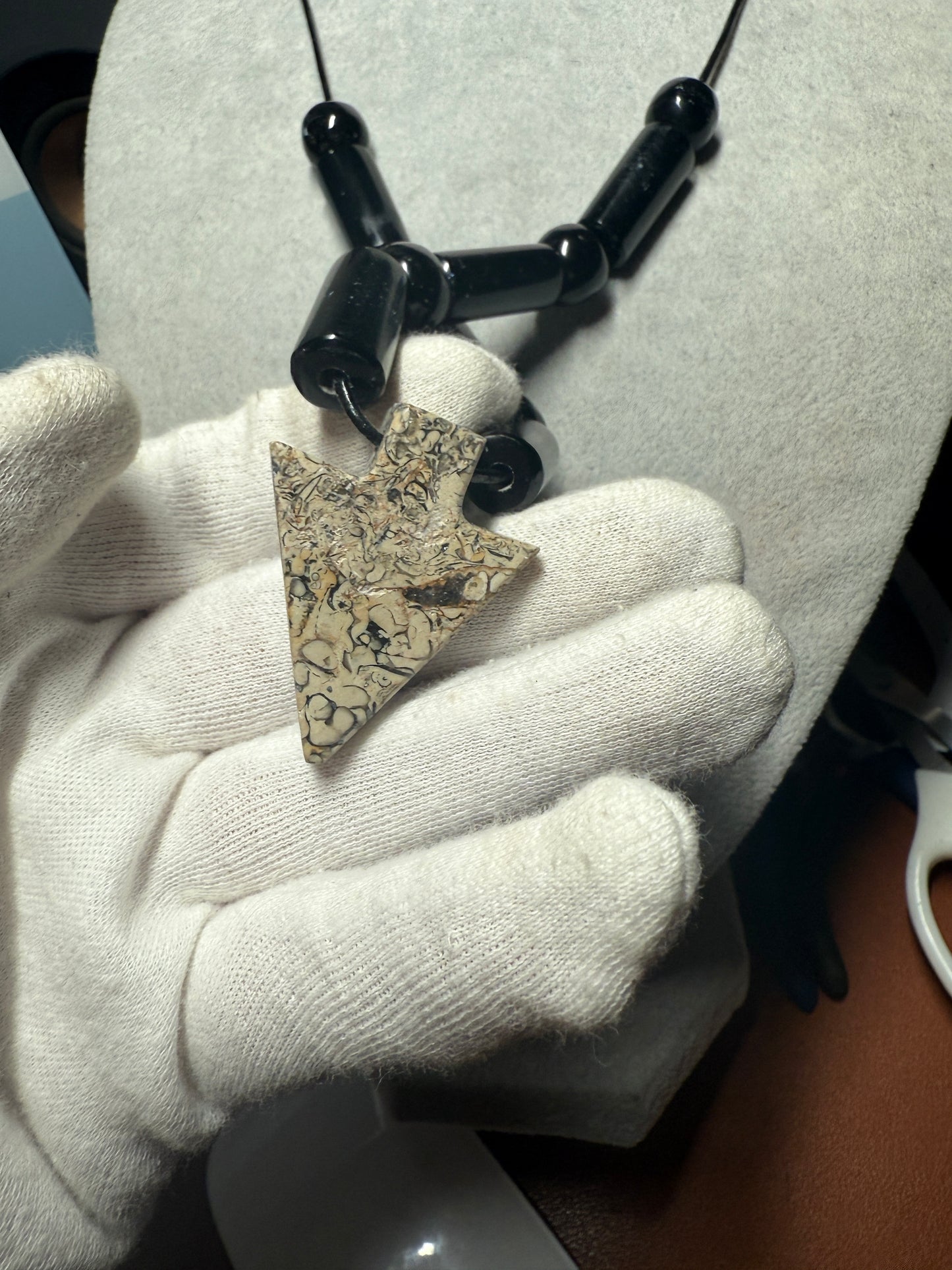 Granite Arrowhead Pendant Obsidian Beaded Necklace, Mexican, Aztec, Mexico #40