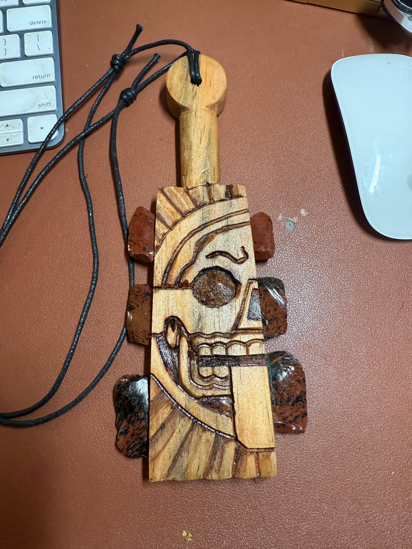 Mini Macuahuitl Azteca Necklace, Piedra de Muerte, Stone of Death, Mictlantecuhtli, Carved, Mahogany Obsidian Blades, Hangable Art handmade 8.25"