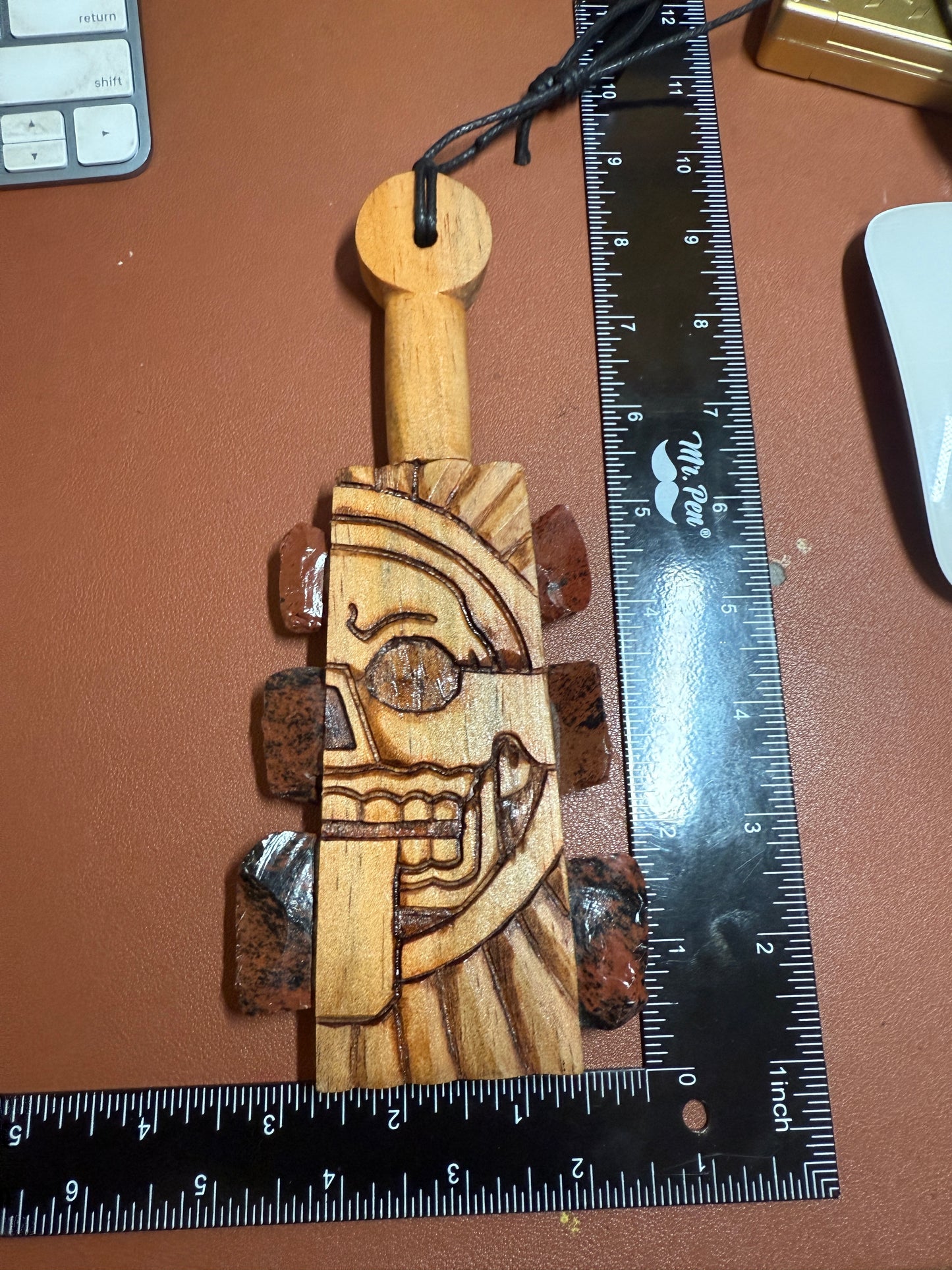 Mini Macuahuitl Azteca Necklace, Piedra de Muerte, Stone of Death, Mictlantecuhtli, Carved, Mahogany Obsidian Blades, Hangable Art handmade 8.25"