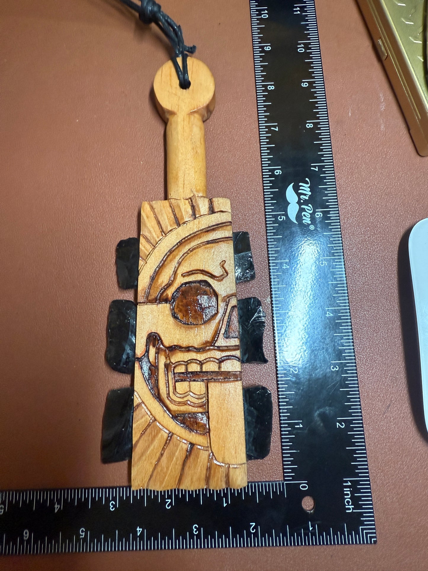 Mini Macuahuitl Azteca Necklace, Piedra de Muerte, Stone of Death, Mictlantecuhtli, Carved, Black Obsidian Blades, Hangable Art handmade 8.25"
