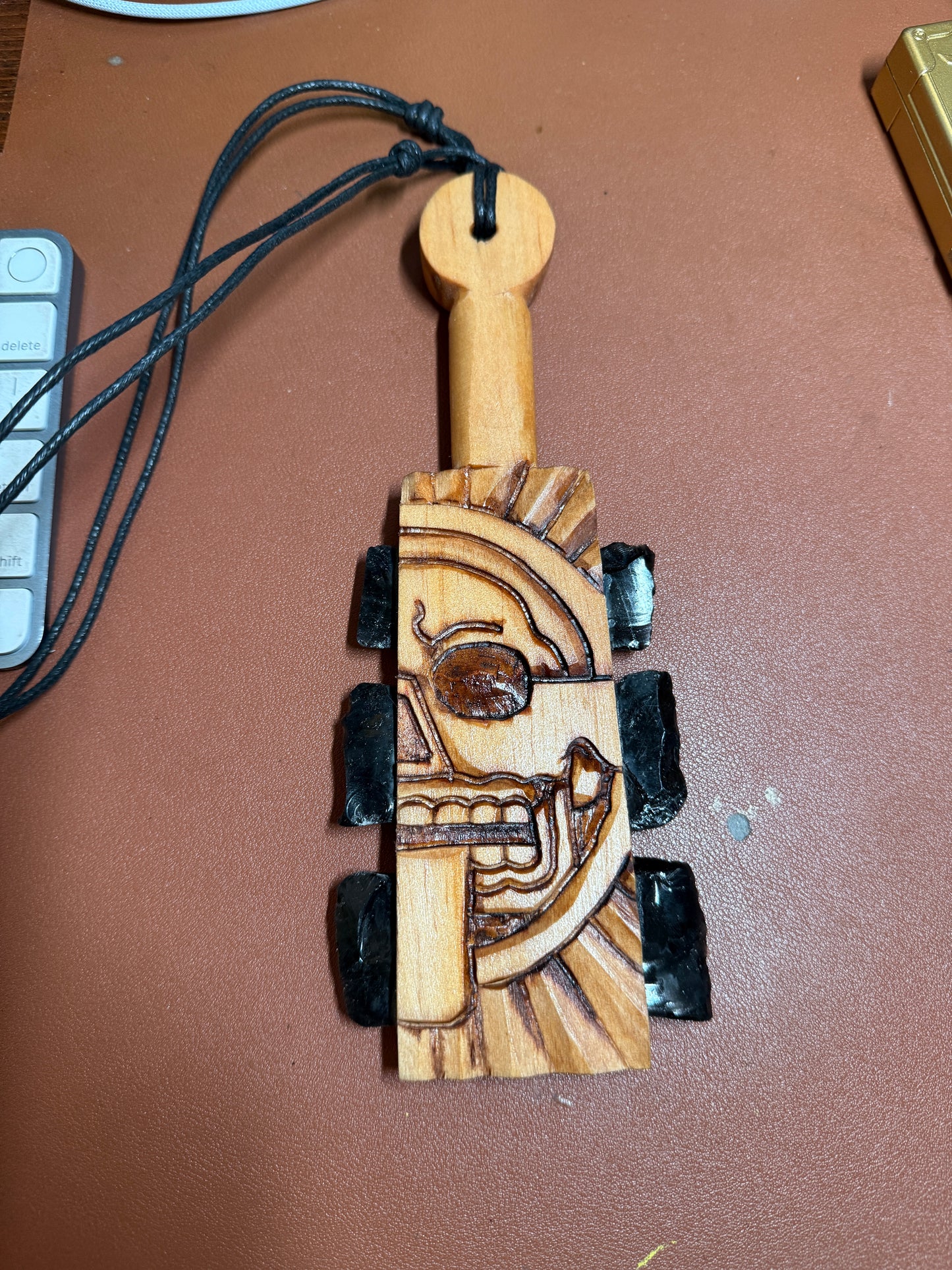 Mini Macuahuitl Azteca Necklace, Piedra de Muerte, Stone of Death, Mictlantecuhtli, Carved, Black Obsidian Blades, Hangable Art handmade 8.25"