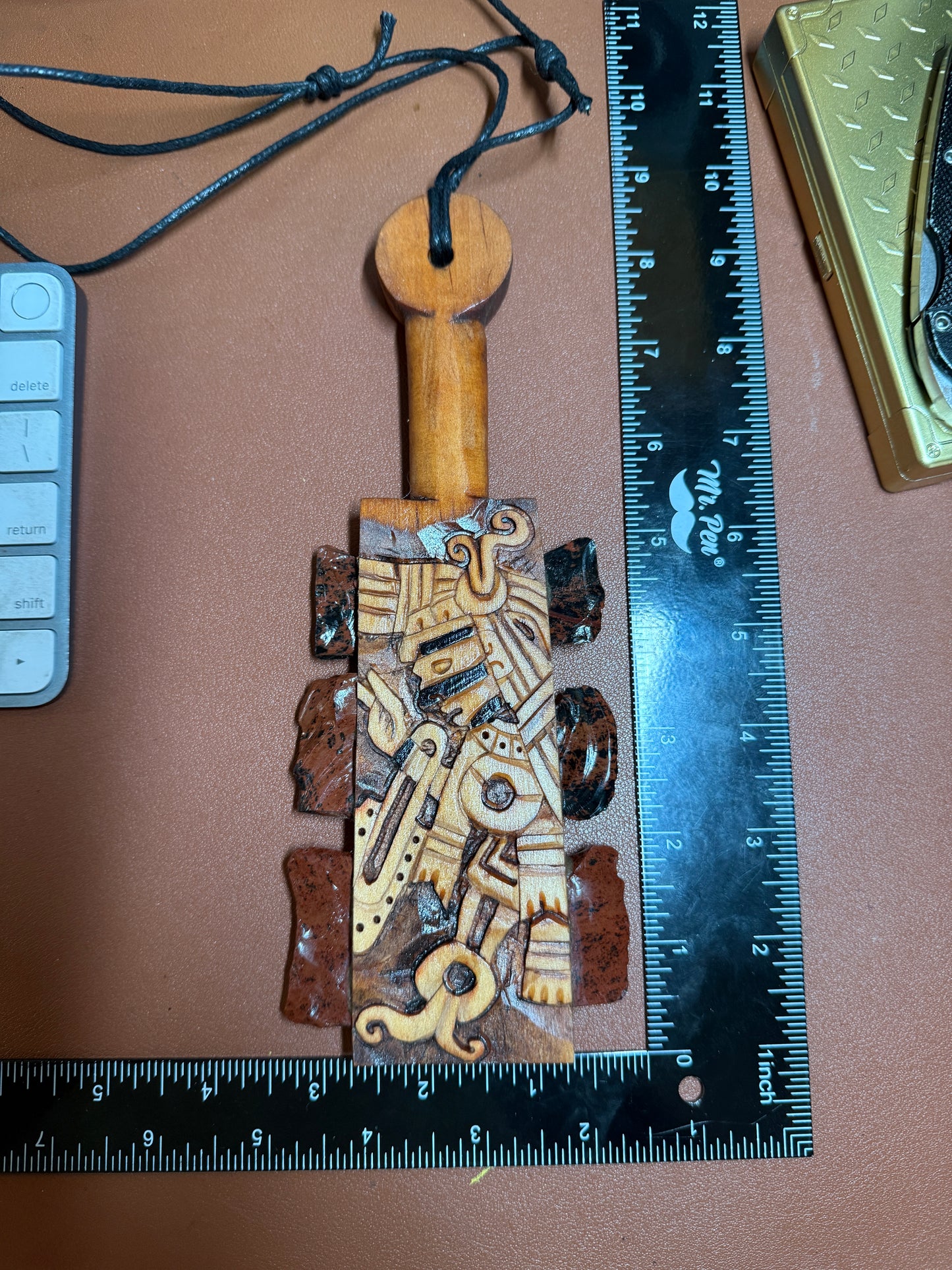 Mini Macuahuitl Azteca Necklace, feature Tezcatlipoca, the Smoking Mirror, Aztec God, Carved, Mahogany obsidian, Blades, Hangable Art